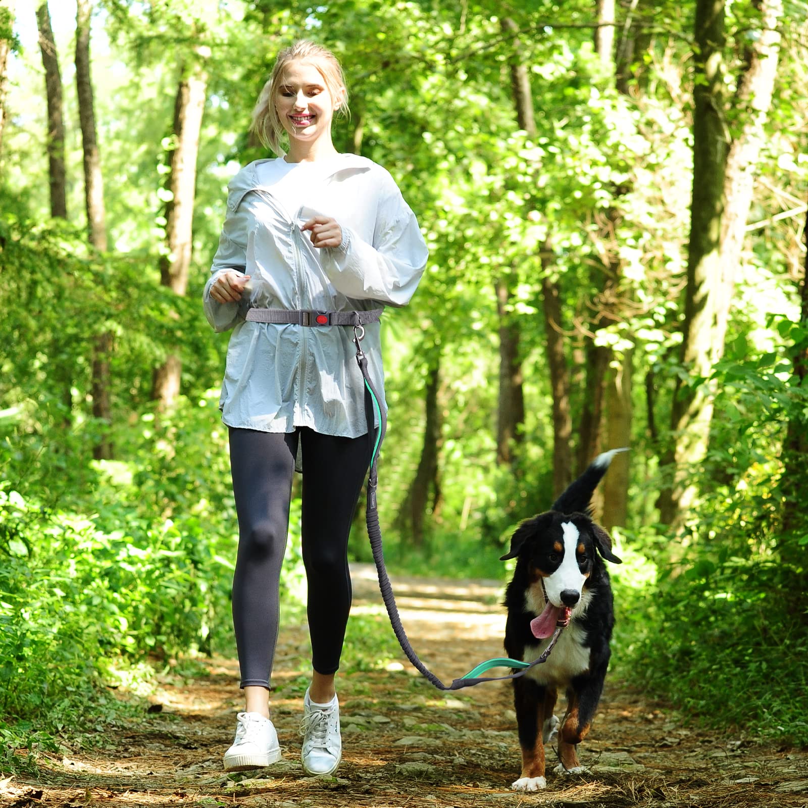 Vivaglory Hands Free Dog Leash With Shock-Absorbing Bungee For Medium & Large Dogs, Reflective Adjustable Waist Leash With Dual Padded Handle For Walking, Jogging, Running, Hiking, Grey-Turquoise
