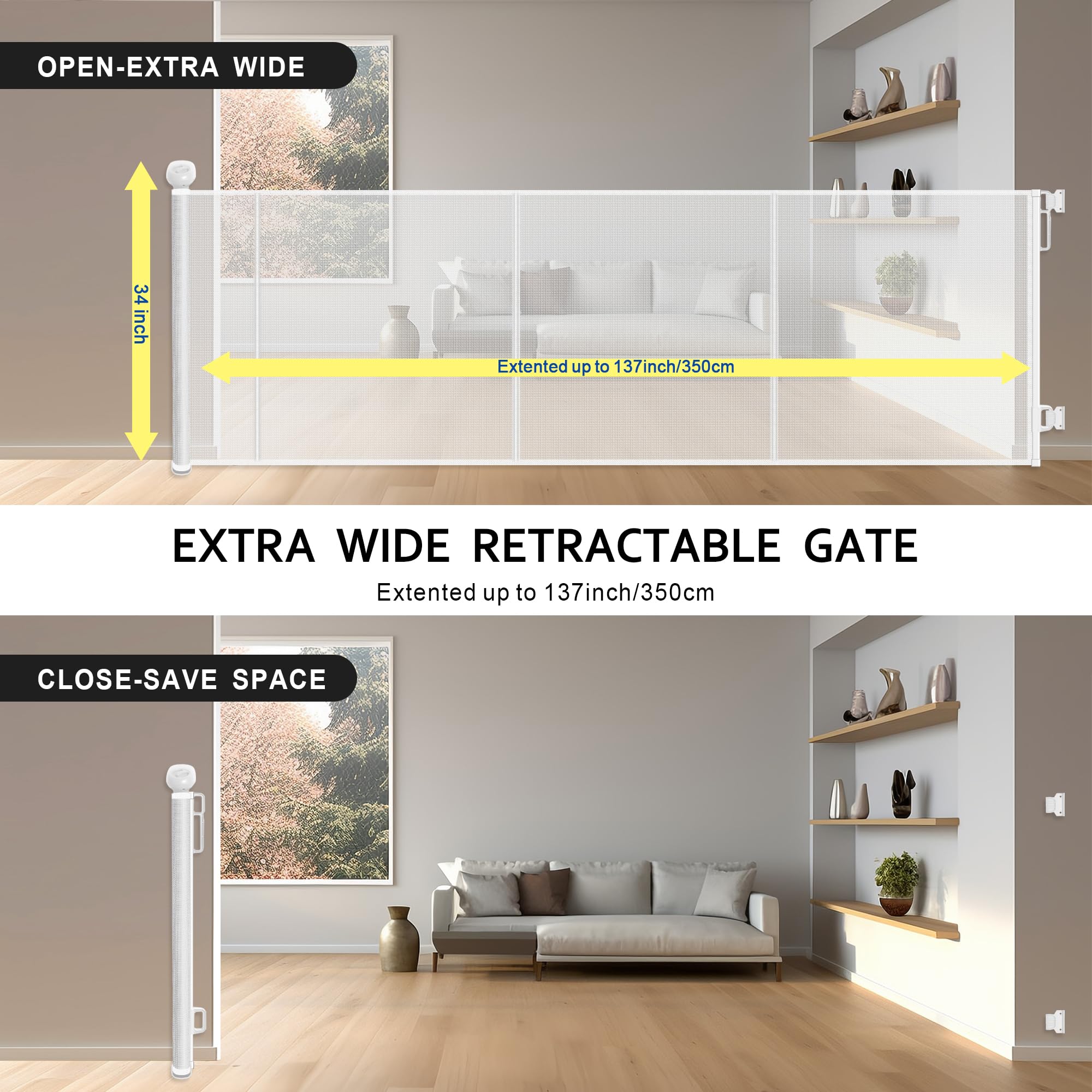 Extra Wide Retractable Baby Safety Gates Extends to 137 Wide 34 Tall, Large Mesh Dog Pets Gate with Reinforced Strip for Stair D