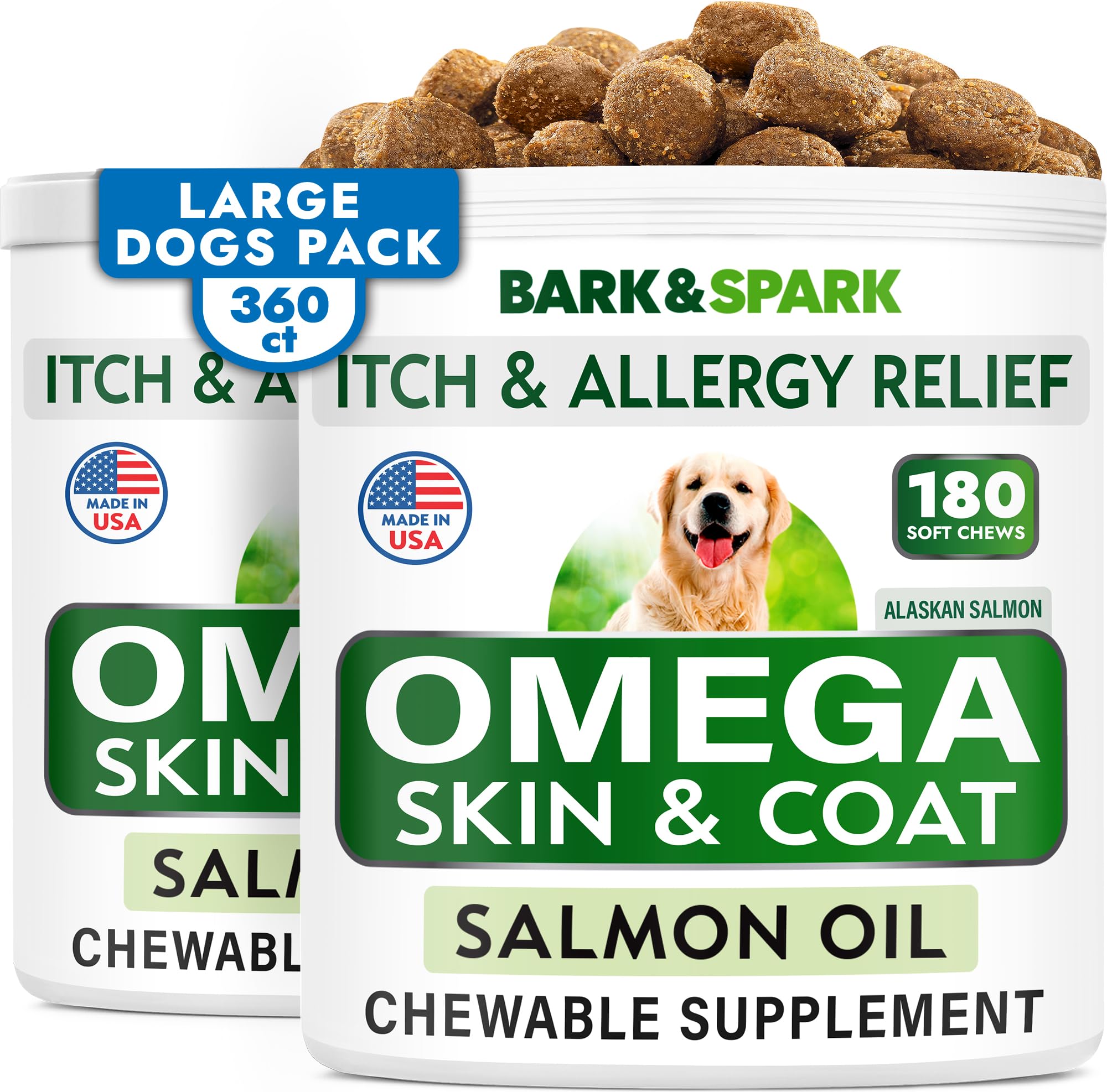 BARK&SPARK Omega 3 for Dogs - 360 Fish Oil Treats for Dog Shedding, Skin Allergy, Itch Relief, Hot Spots Treatment - Joint Healt