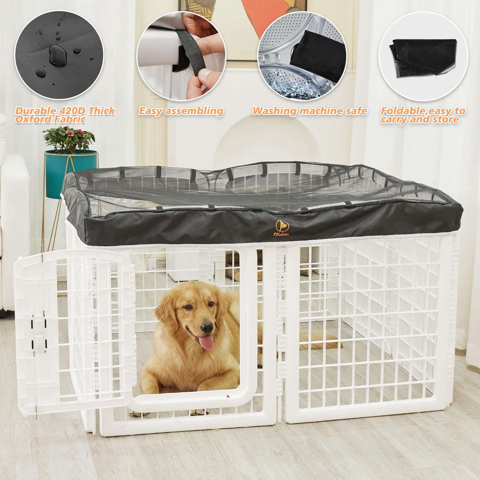 Pjyucien Dog Playpen Mesh Top Cover, Fits 24 Inch 8 Panels Regular Square Plastic Exercise Pet Pen, Adhesive Tape Connections, B
