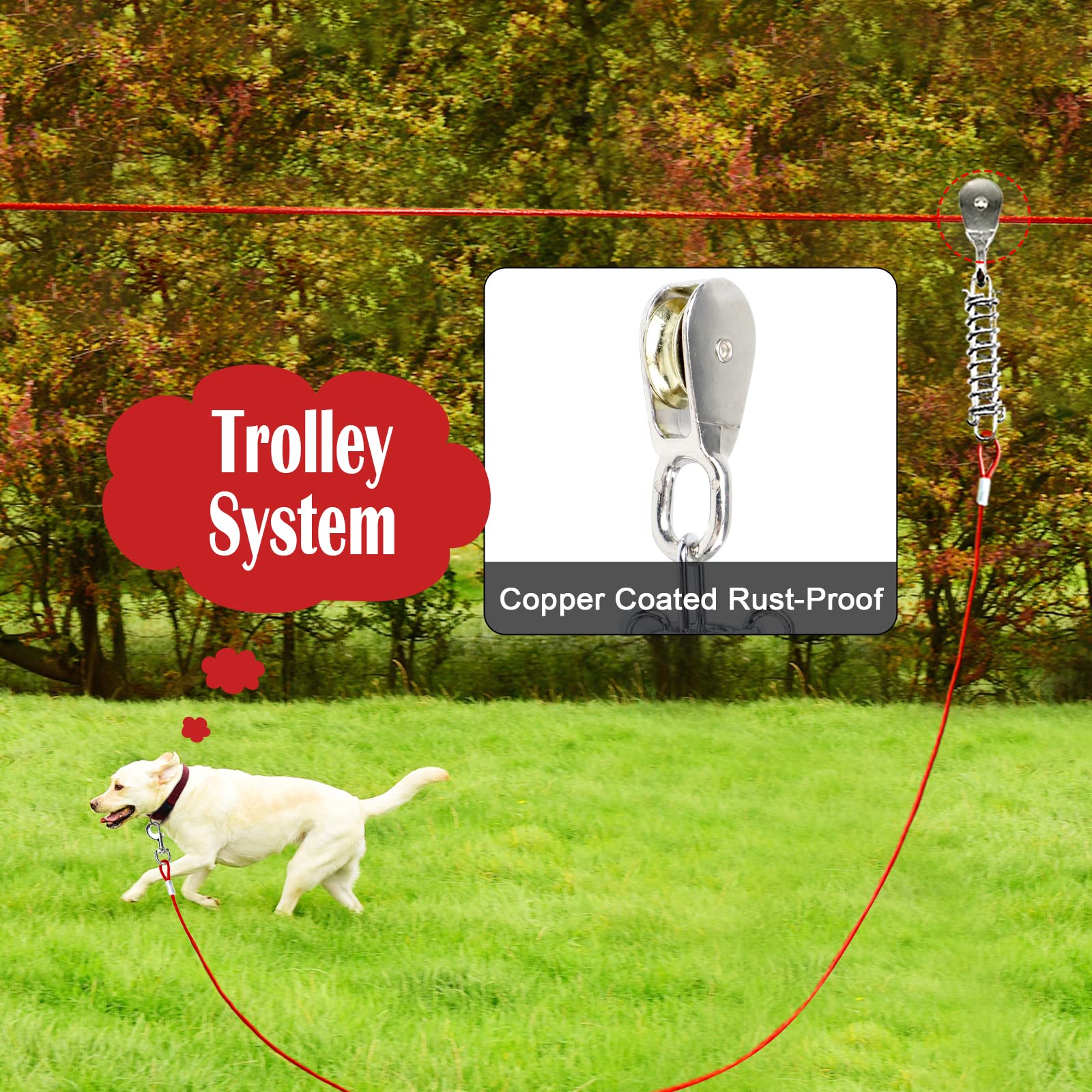 LUFFWELL 100FT Dog Run with 15FT Tie Out Cable, Heavy Duty Zipline for Large Dogs up to 250 LBS, Red Trolley System for Yard Use