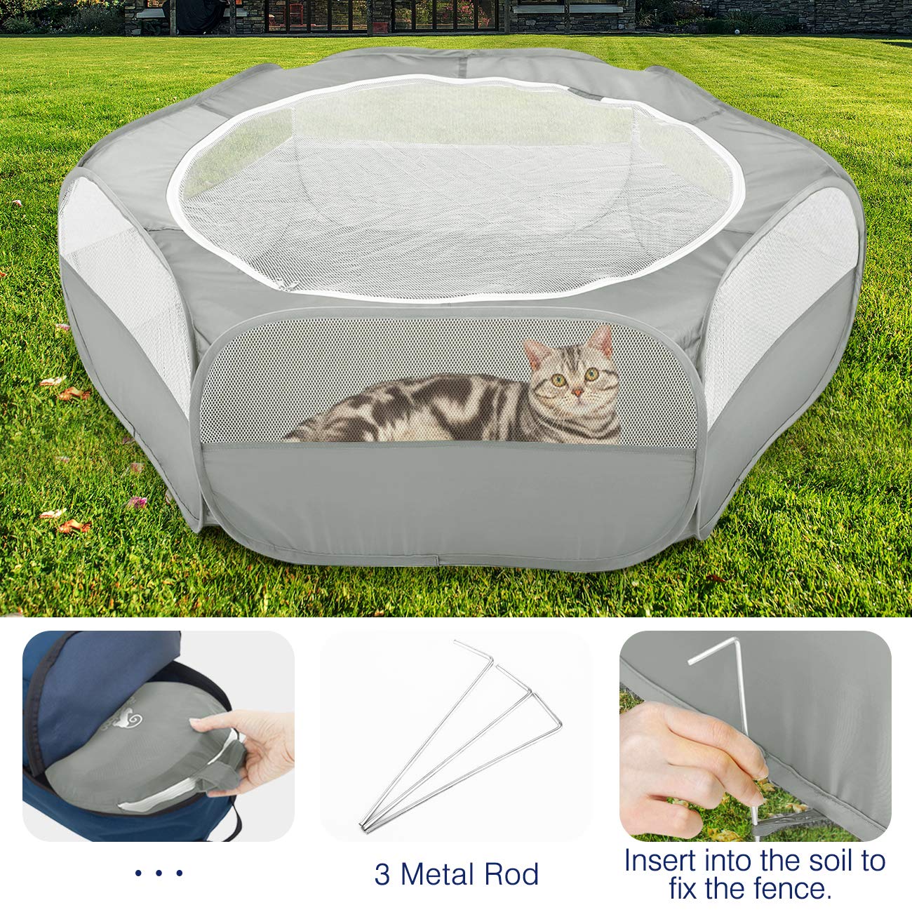 Pawaboo Small Animals Playpen, Breathable & Waterproof Small Pet Cage Tent With Zippered Cover, Portable Outdoor Yard Fence For Kitten/Puppy/Guinea Pig/Rabbits/Hamster/Chinchillas, Light Gray