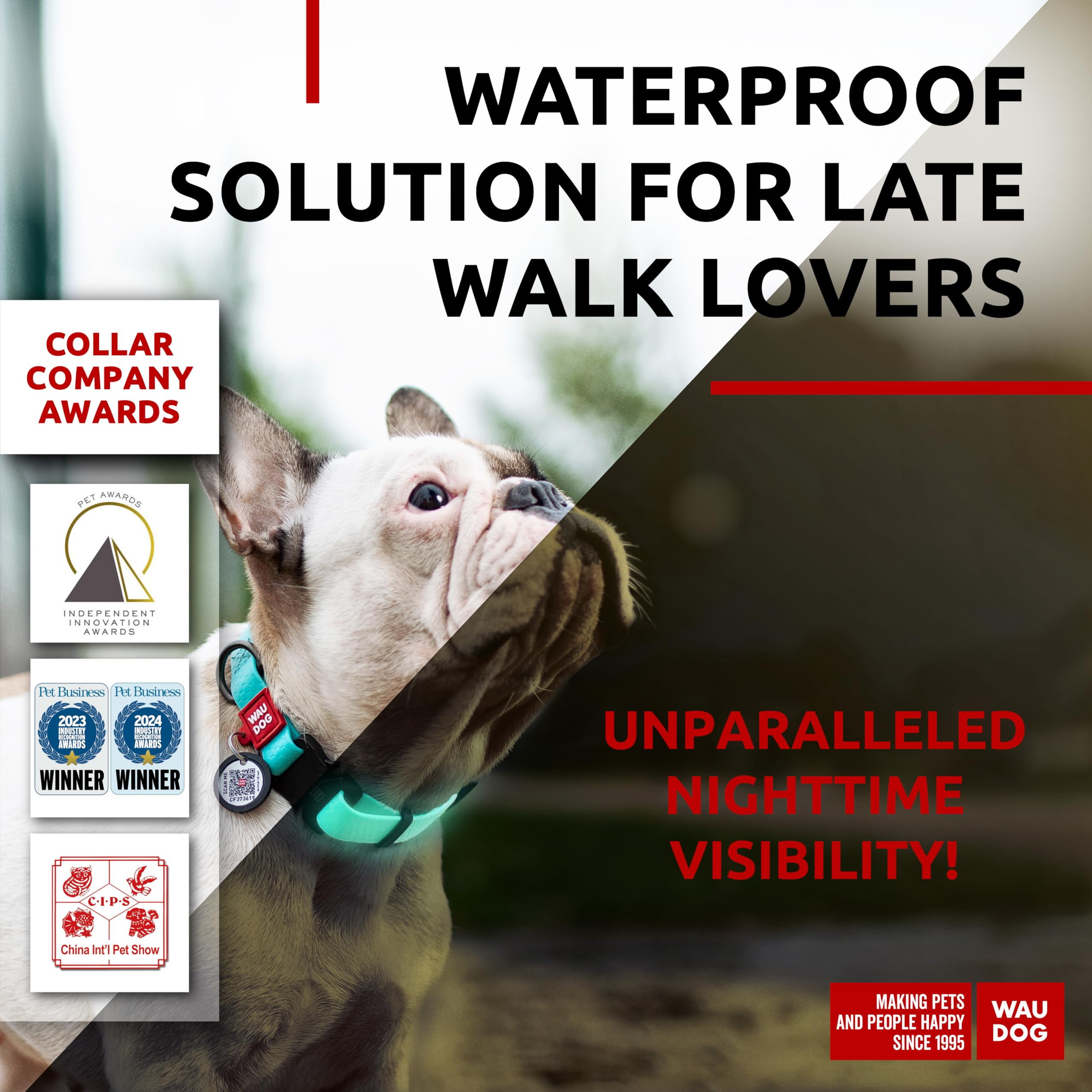 Waudog Waterproof Dog Collar - Adjustable Glow Dog Collar For Large Dogs, Small And Medium Dogs - Heavy Duty Dog Collars With Durable Metal Clasp And Qr Dog Tag - Glow In The Dark Dog Collars