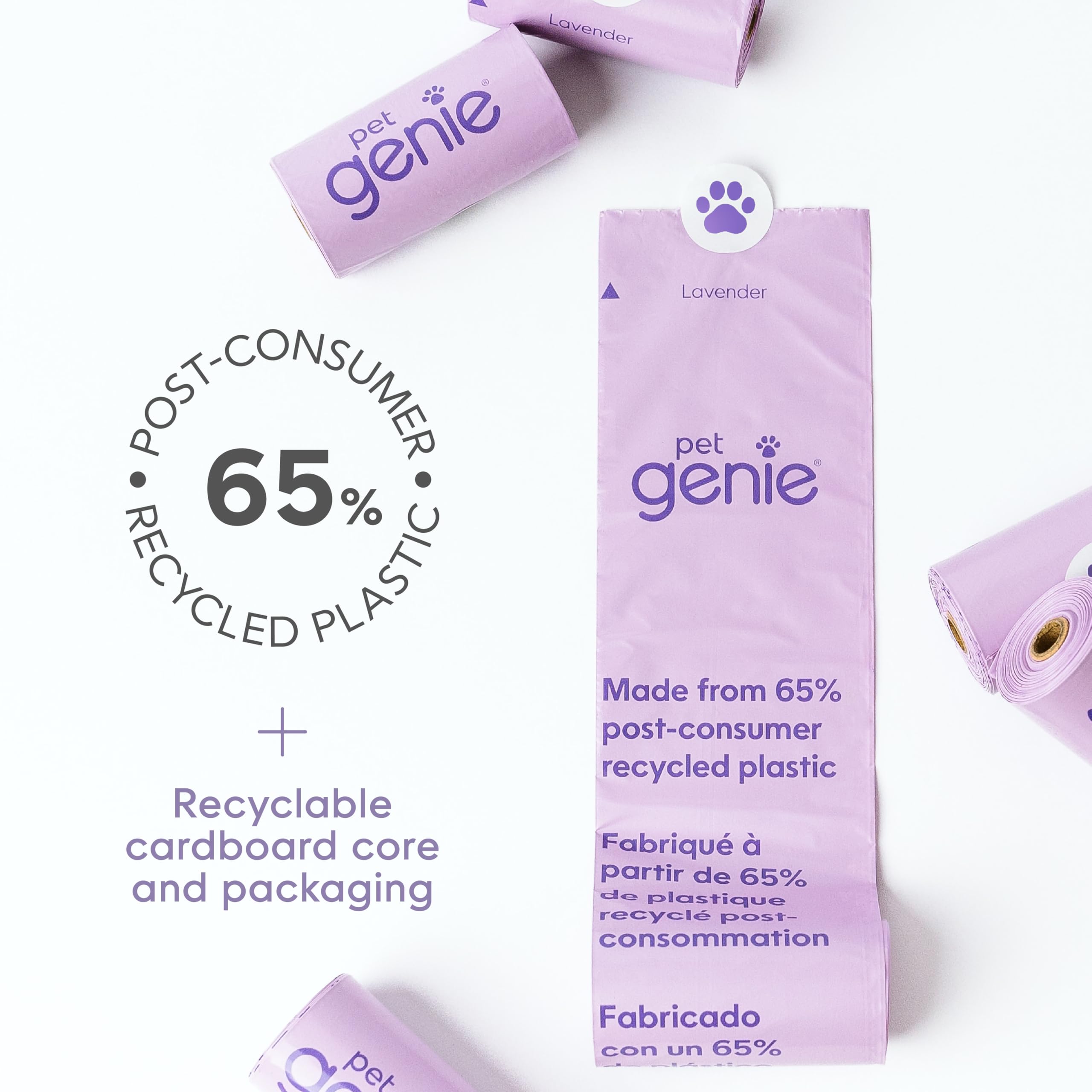 Pet Genie Lavender Scented Dog Poop Bags, Extra Strong & Leak-Proof, 120 Count (8 Rolls), Made from 65% Recycled Plastic