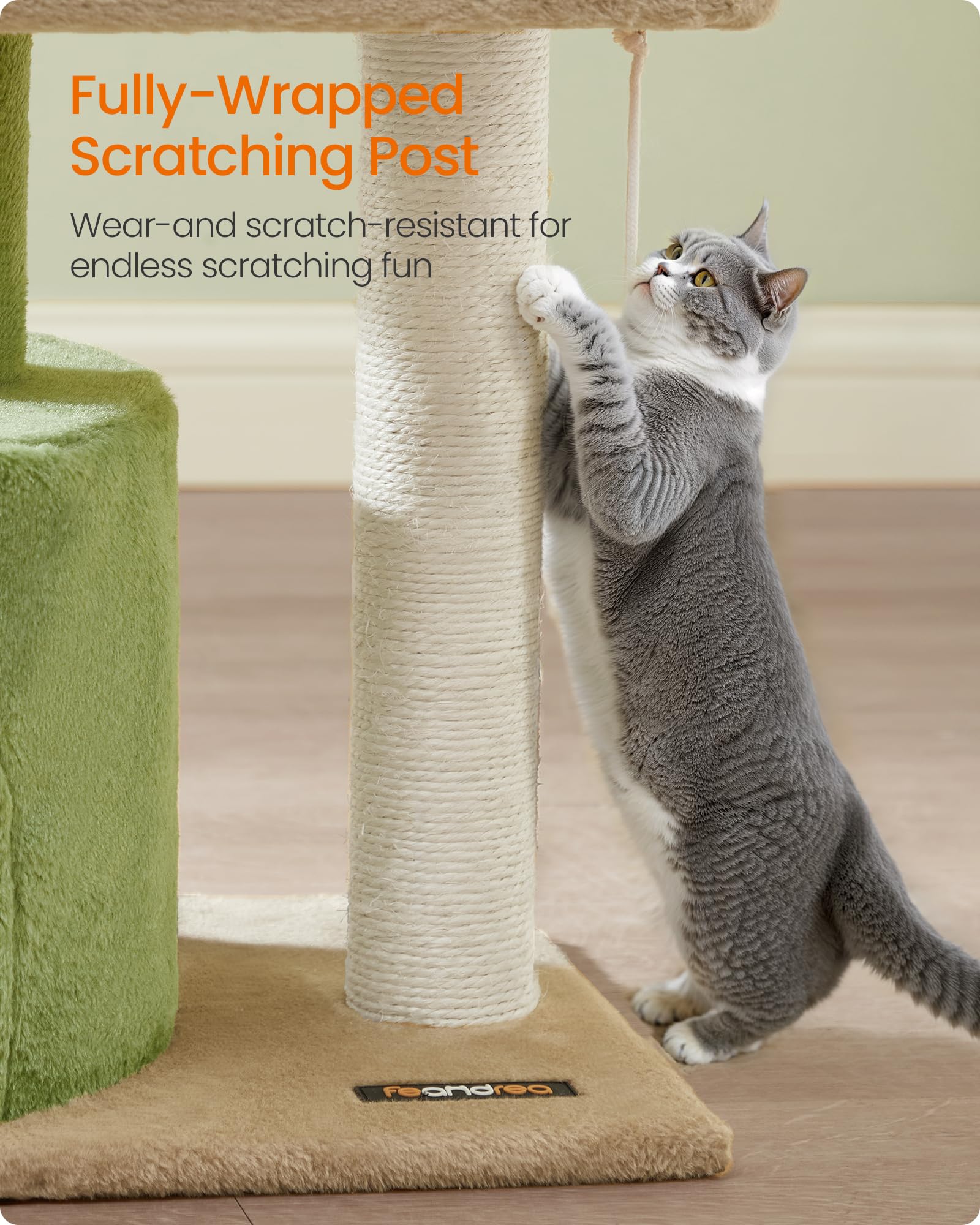 Feandrea Cat Tree Tower with Sisal Scratching Post, Cat Condo with Padded Perch, for Small Spaces, Kittens, Grass Green and Came