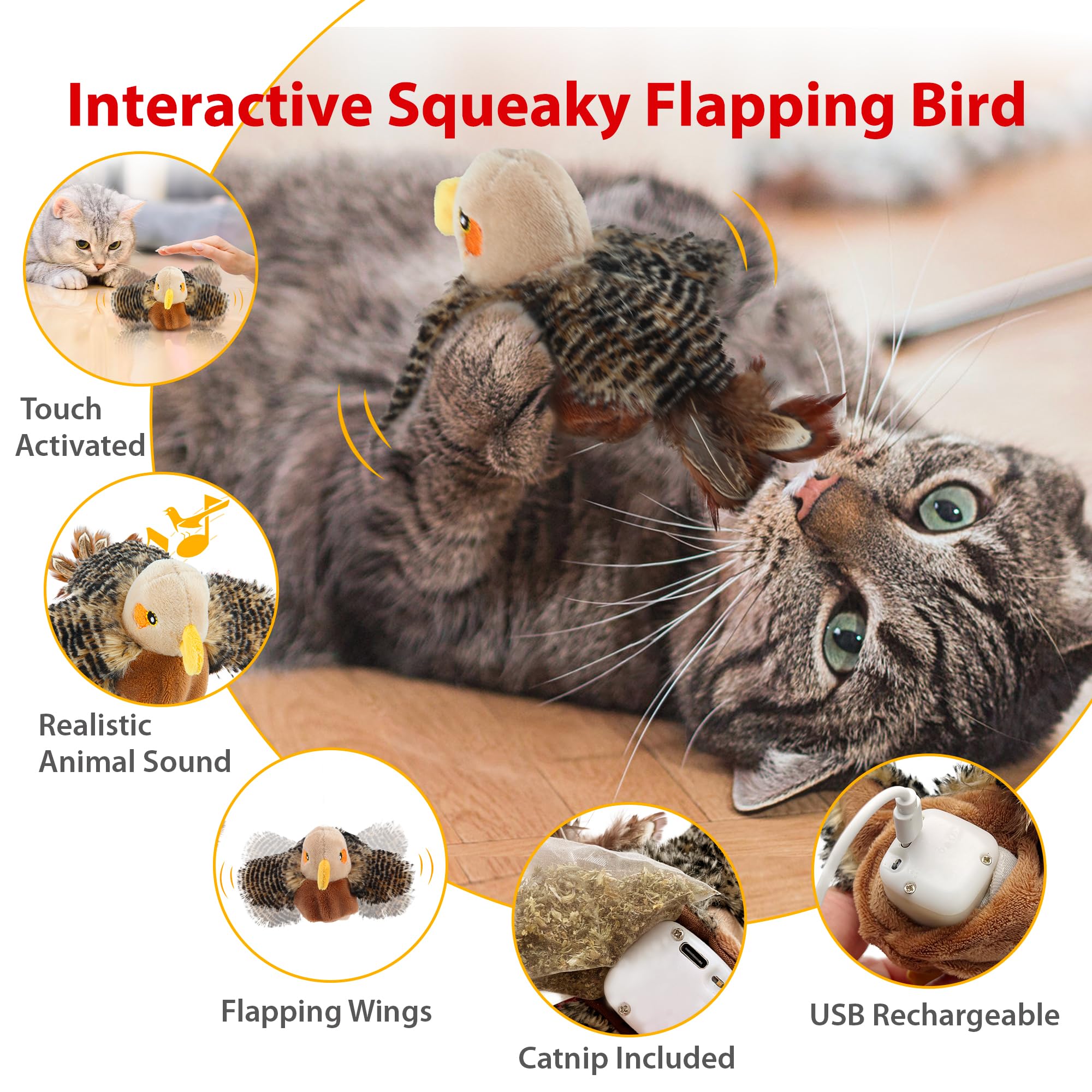 Gigwi Interactive Flapping Cat Toys Catnip, Electronic Flappy Toys Motion Activated, Automatic Cat Toys For Indoor Cats, Usb Rechargeable Cat Enrichment Toy For Hunting And Kicker, Bird Sparrow
