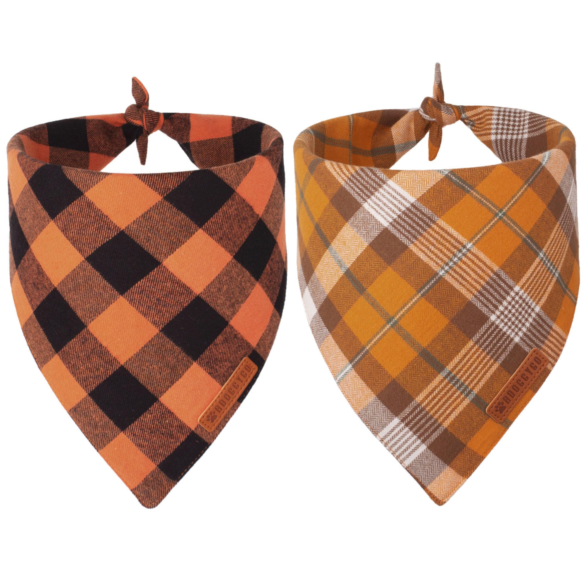 Adoggygo Fall Dog Bandanas 2 Pack, Halloween Thanksgiving Dog Bandana, Orange Plaid Dog Scarf, Multiple Sizes Offered, Holiday Fall Bandana For Large And X-Large Dogs (X-Large, Fall)
