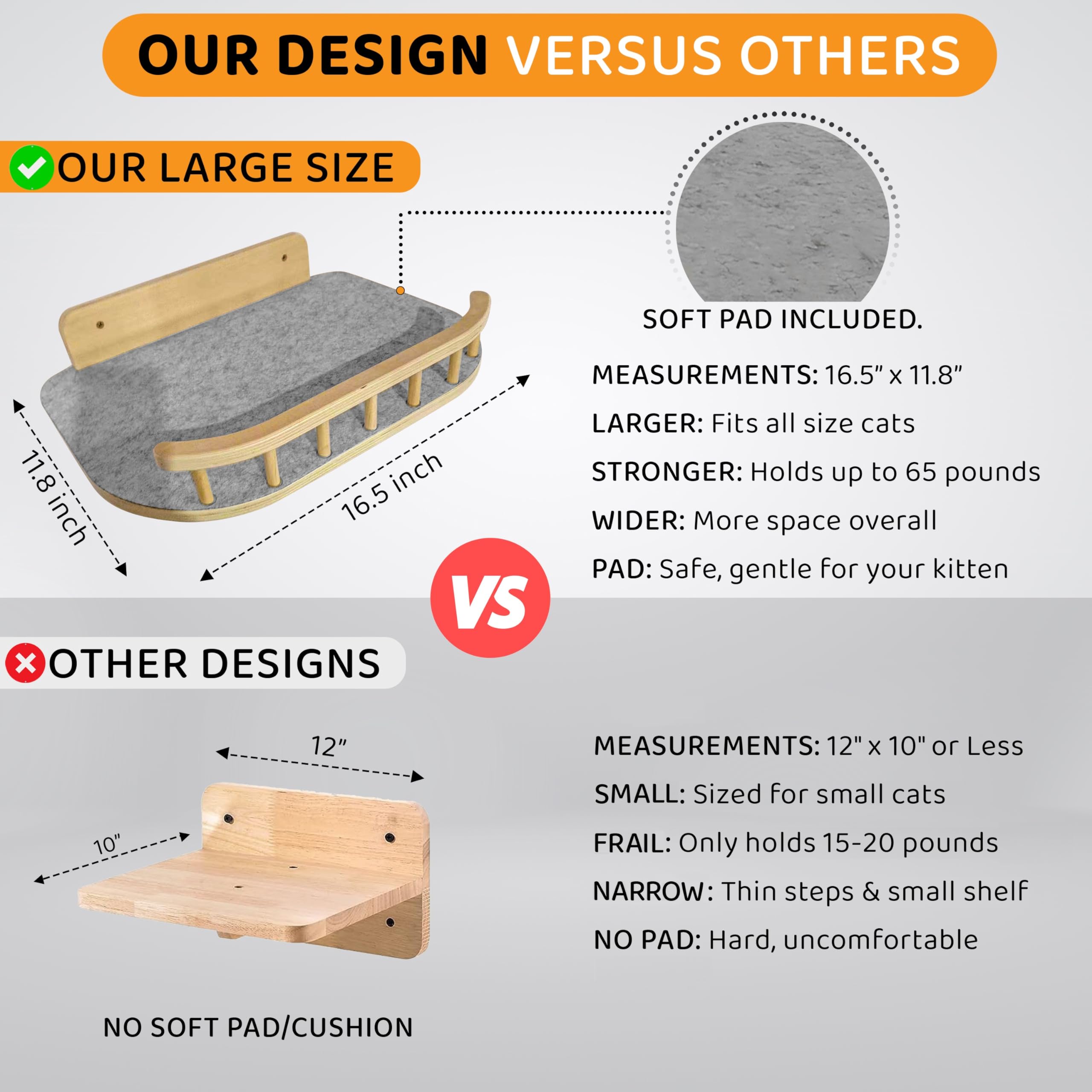 Buoga - Large Cat Wall Shelves + 3 Cat Wall Steps, Cat Tree, Cat Corner Shelf, Cat Shelf, Cat Bed, Cat Scratcher, Cat Wall Furni