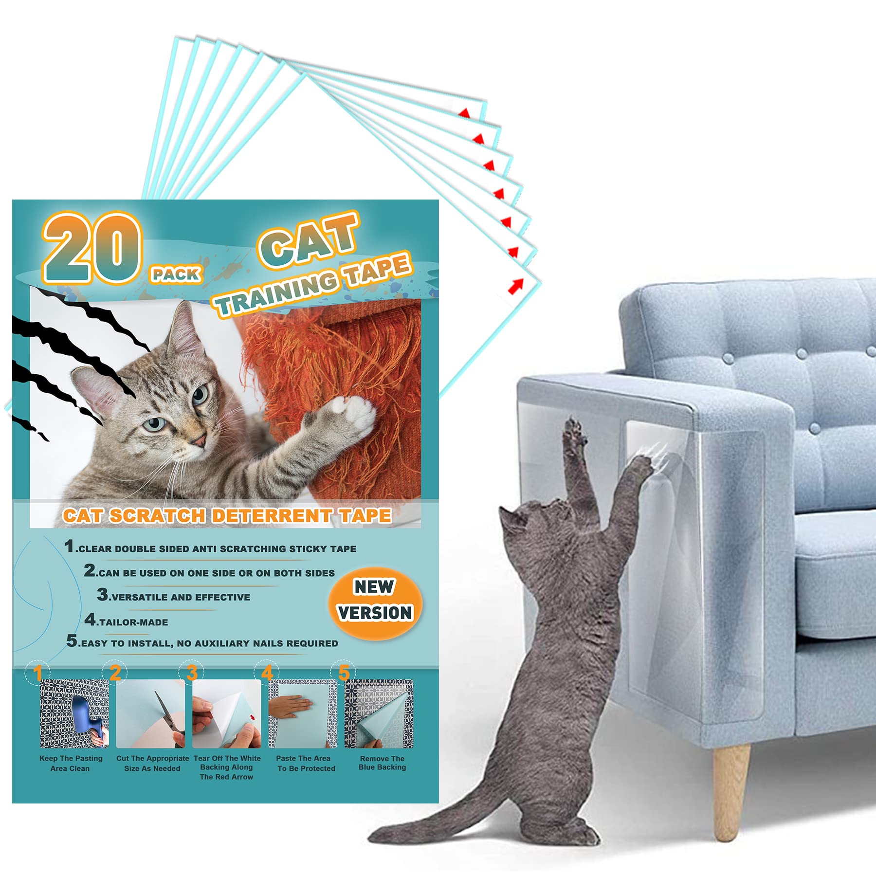20Pack Cat Scratch Deterrent Tape, Cat Scratch Furniture Protector, Clear Double Sided Anti Scratching Sticky Tape Couch Protect