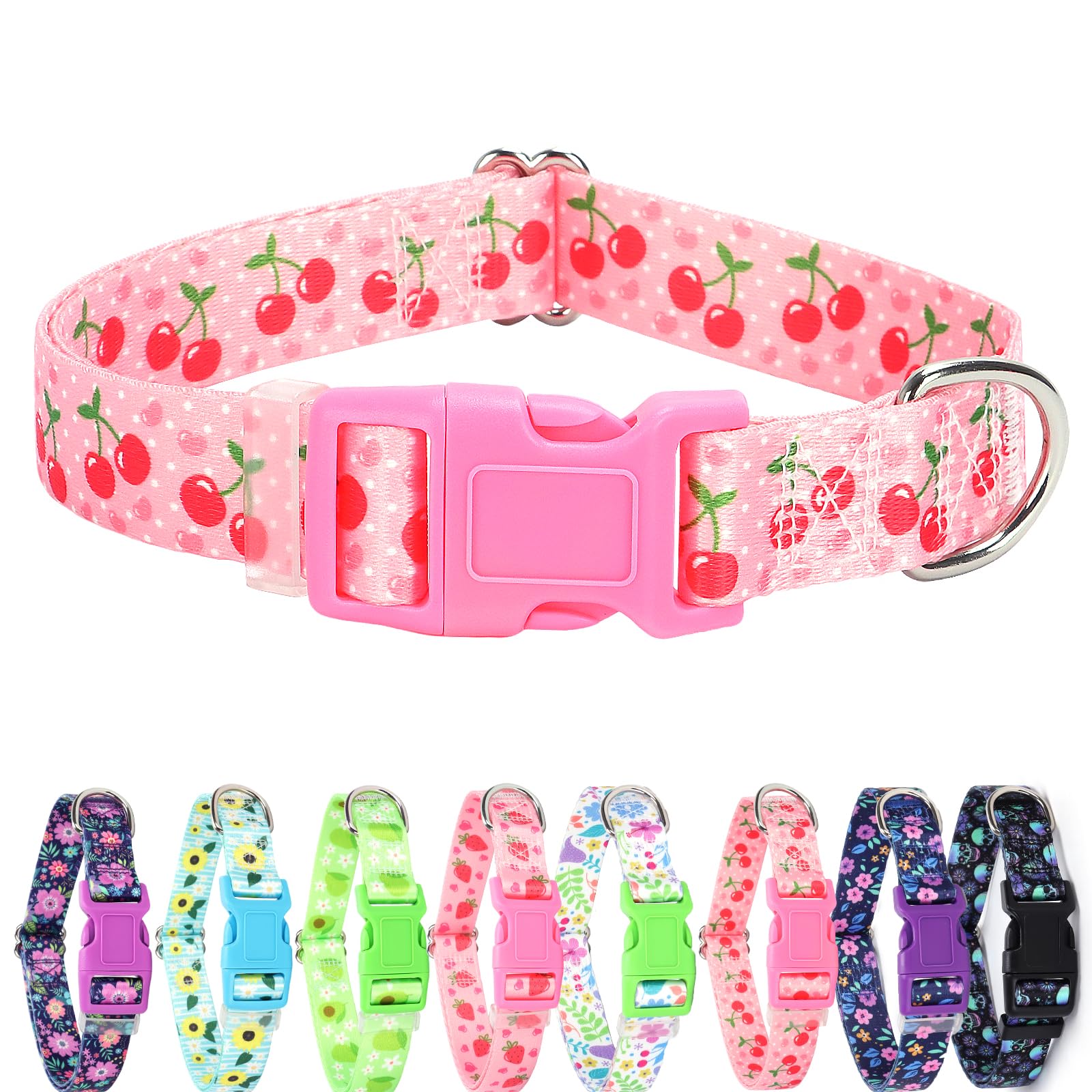 Soft Nylon Adjustable Dog Collar With Cute Cherry Design - Pink Durable Collar For Small, Medium, Large & Xl Dogs | No-Slip Comf