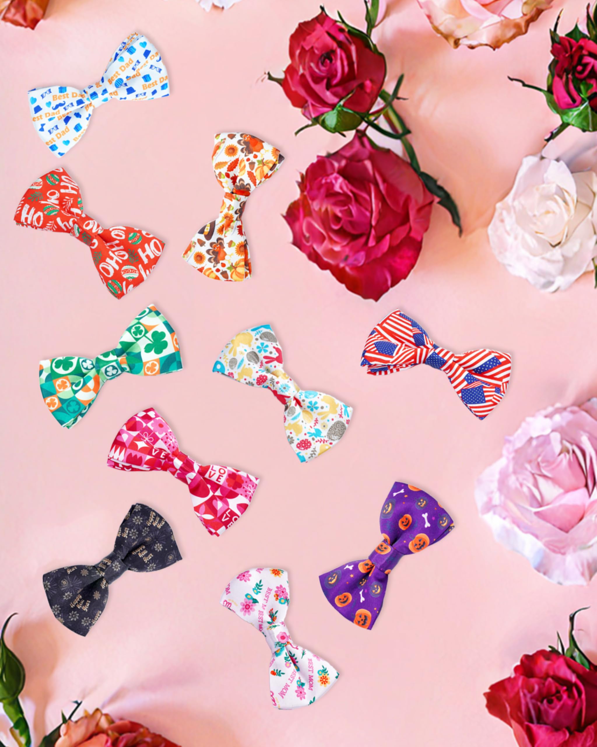 PET SHOW 10 Pack Holiday Big Dog Bow Ties for Large Medium Dogs Sliding Collar Attachments Festival Patterns Bowties Classy Bowk