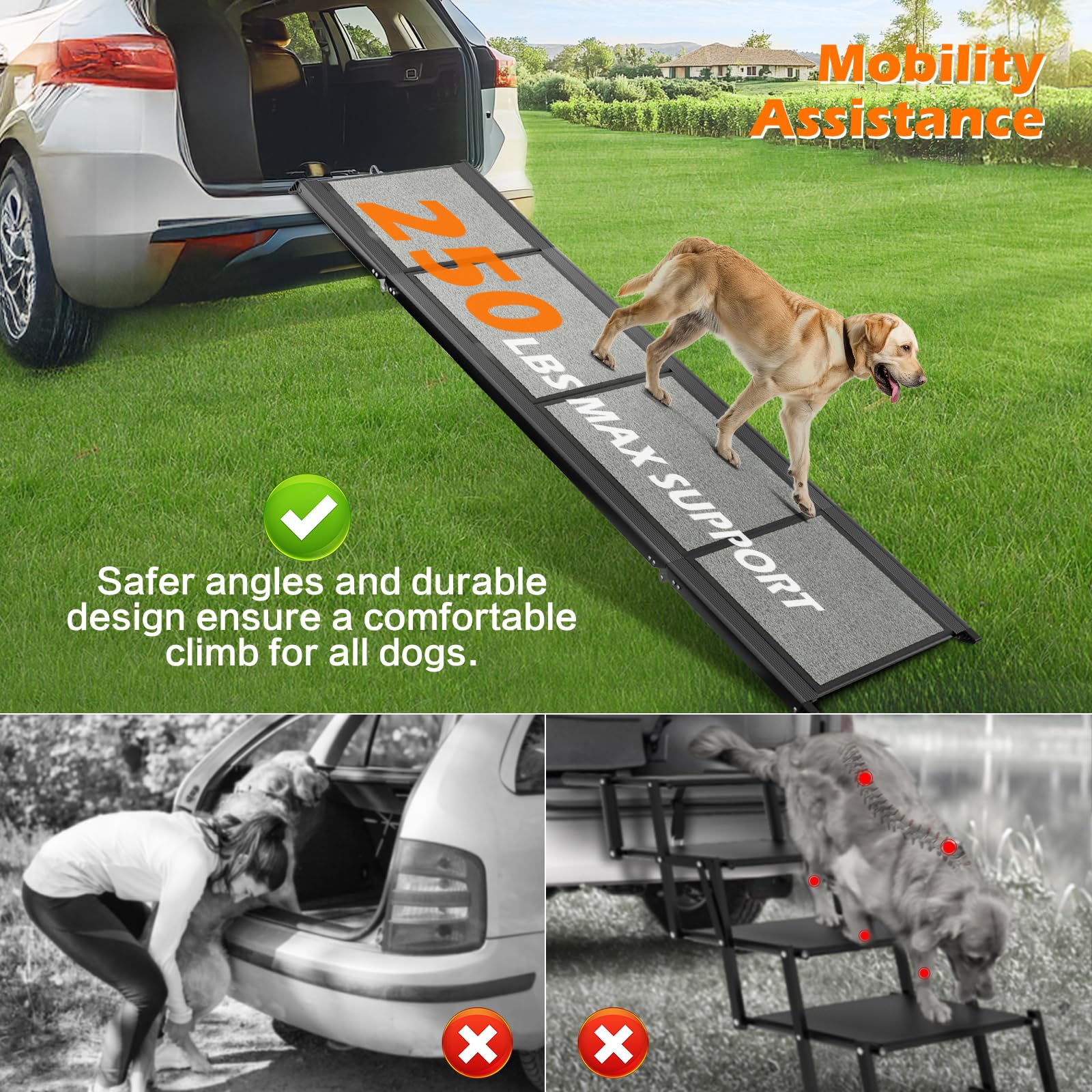 Dog Ramp For Car, 71'' Extra Long Folding Pet Stair Ramp With Non-Slip Surface For Medium & Large Dogs Up To 250Lbs, Outdoor Dog