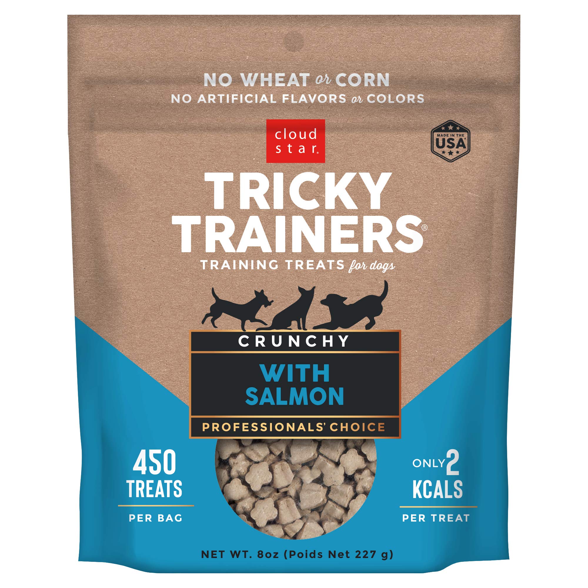 Cloud Star Tricky Trainers Crunchy Dog Training Treats 8 oz Pouch, Salmon Flavor, Low Calorie Behavior Aid with 450 treats