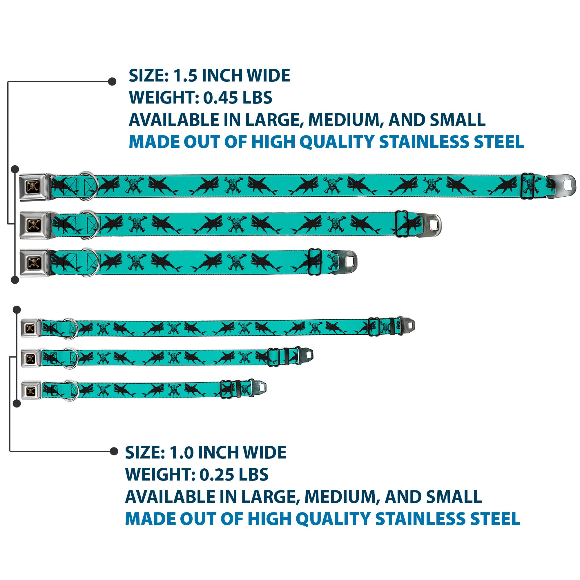 Buckle-Down Dog Collar Seatbelt Buckle Pirates Skull Crossbones Sharks Turquoise Black 15 To 26 Inches 1.0 Inch Wide, Multicolor (Dc-Wdy391-L)