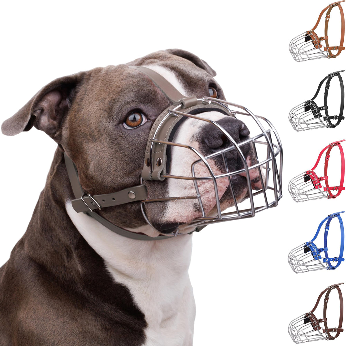 Bronzedog Pitbull Dog Muzzle Breathable Metal Basket For Large Dogs Amstaff Staffordshire Terrier Biting Chewing Barking (Leather, Gray)