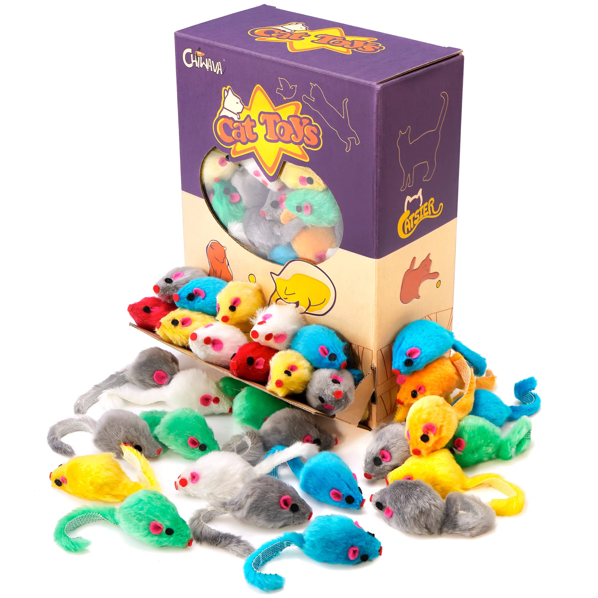 Chiwava 60Pcs 4.1'' Furry Cat Toy Mice Rattle Small Mouse Kitten Interactive Play Assorted Color