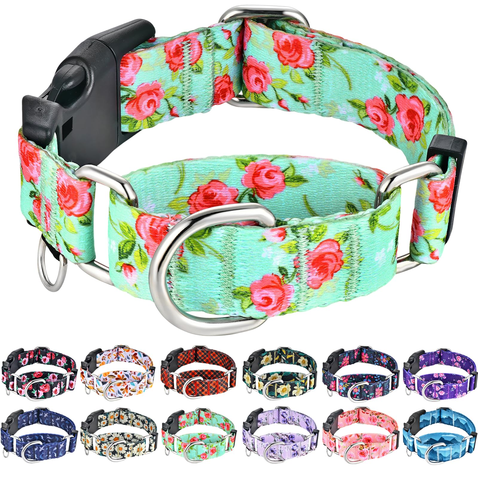 Fidohug Martingale Collar For Dogs With Buckle Green Floral No Pull Cute Girl Female Dog Collars For Medium Dogs, Green Rose