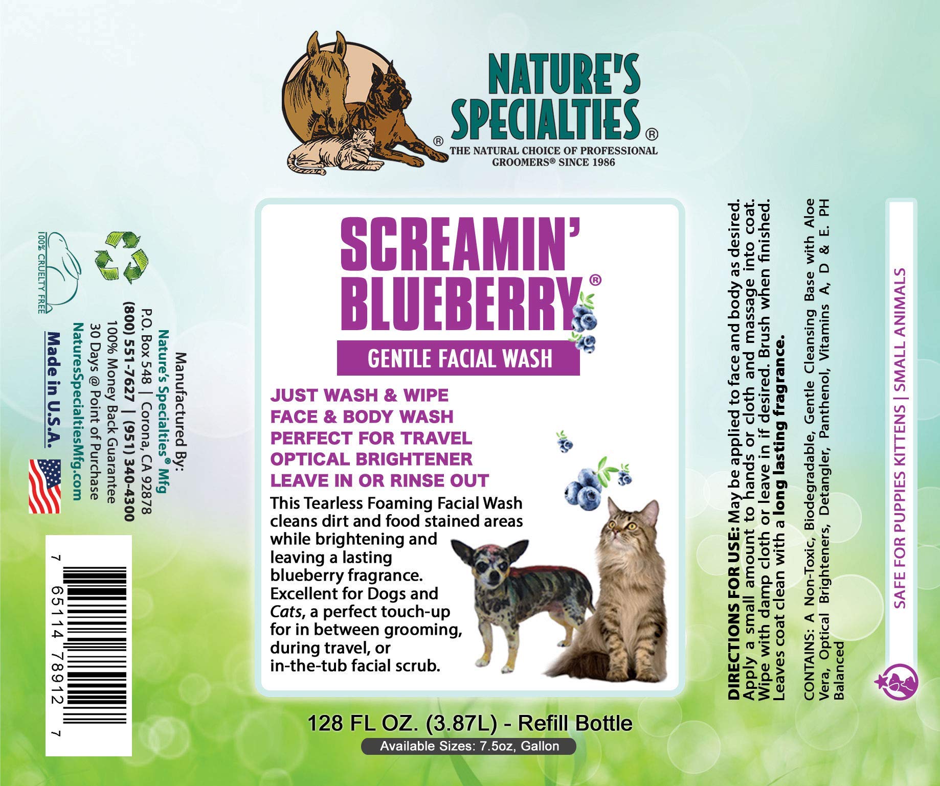 Nature's Specialties Screamin' Blueberry Dog Facial Wash, 7.5 oz, Gentle Formula, Made in USA, Ideal for Professional Grooming
