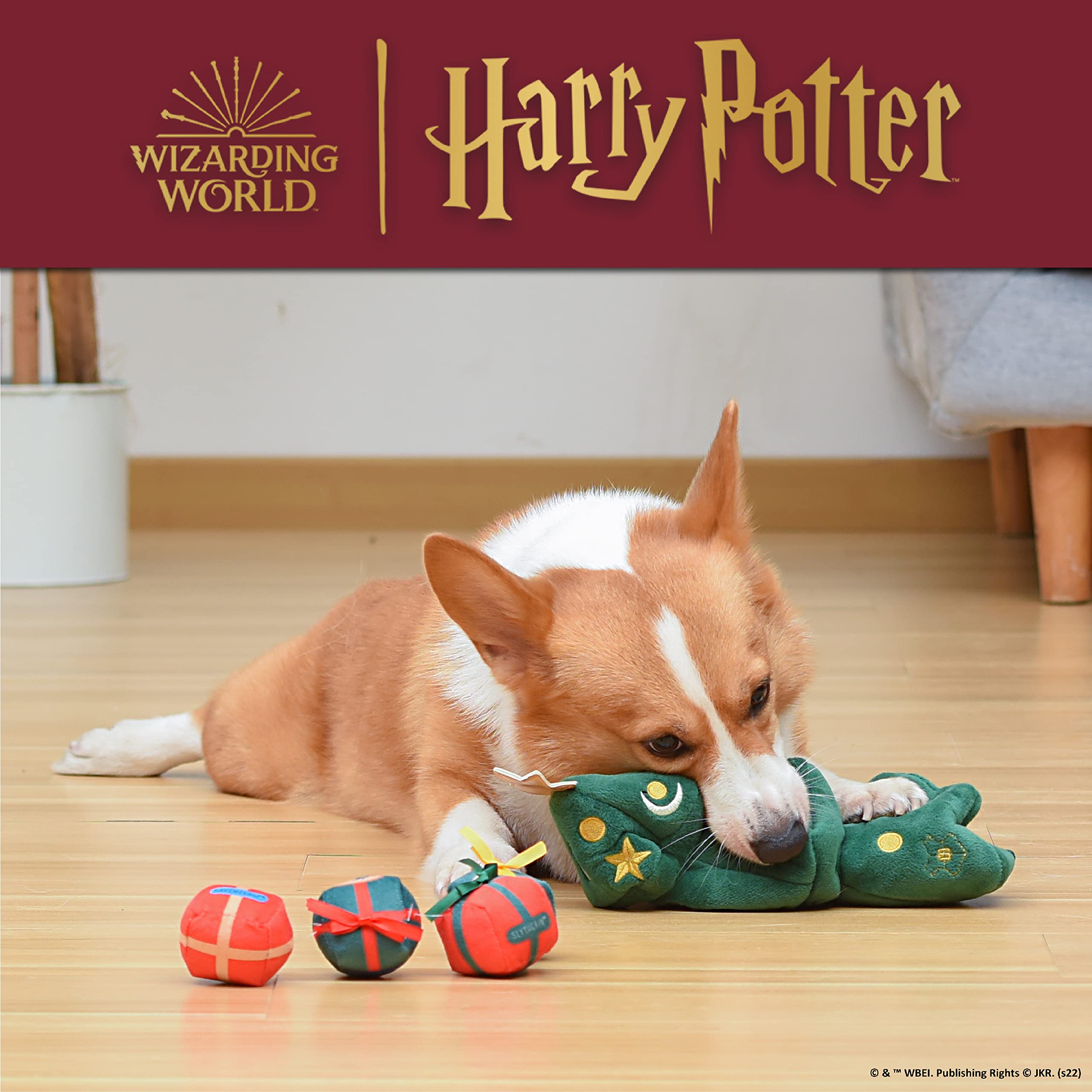 Harry Potter 14" Plush Dog Toy - Holiday Tree Burrow with Squeaker, Soft Fabric, House Presents