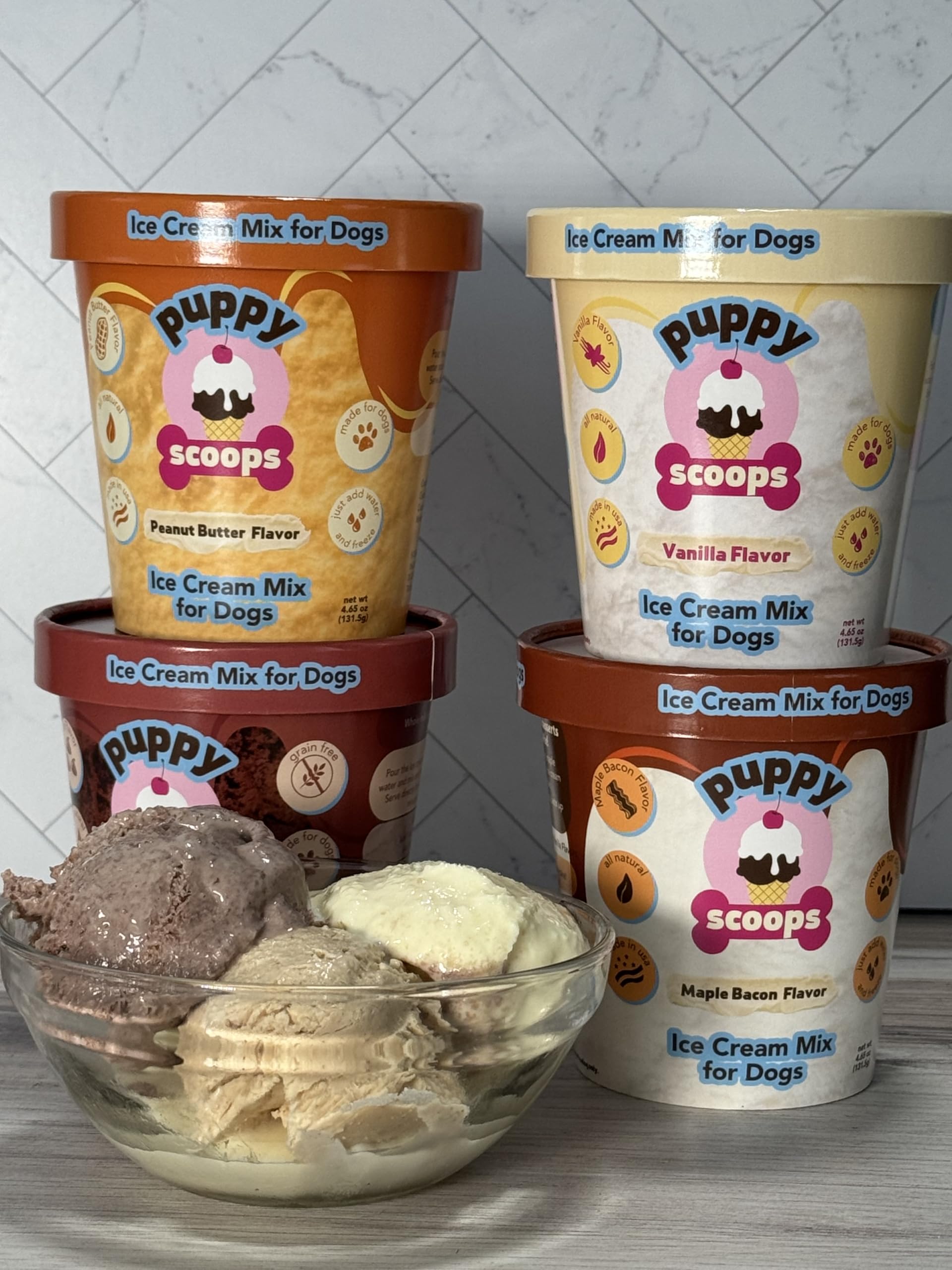 Puppy Scoops Dog Ice Cream Mix Variety Pack, 4 Flavors, 4.65 oz Each - Just Add Water and Freeze at Home, Powder Mix with Ice Cr