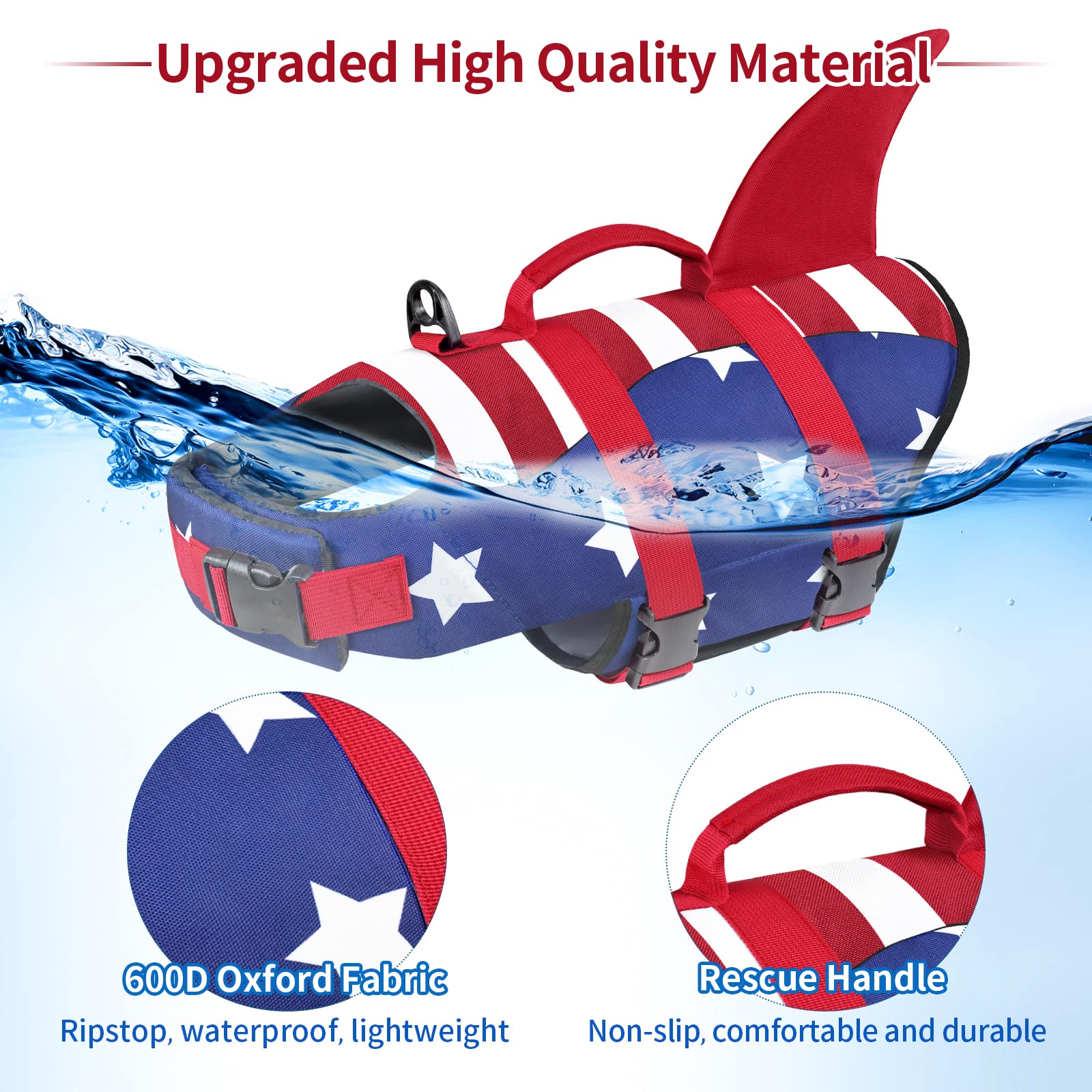 Malier Dog Life Jacket, Ripstop American Flag Dog Life Vest For Swimming Boating, Shark Puppy Lifesaver With High Buoyancy Swims