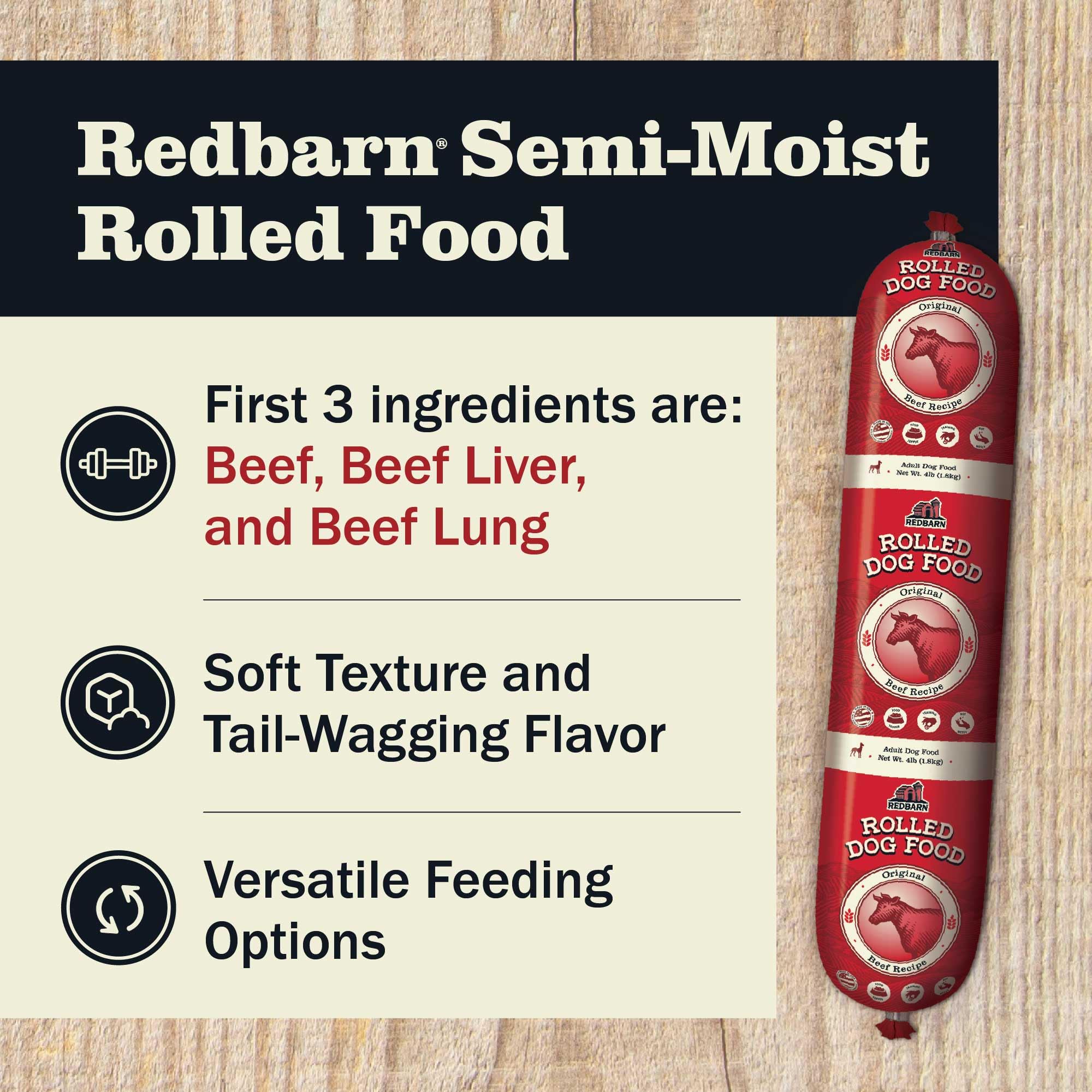 Redbarn Pet Products Premium Rolled Dog Food, Semi-Moist, Beef Recipe - High Protein Full Feed, Topper, Training Treat, or Pill