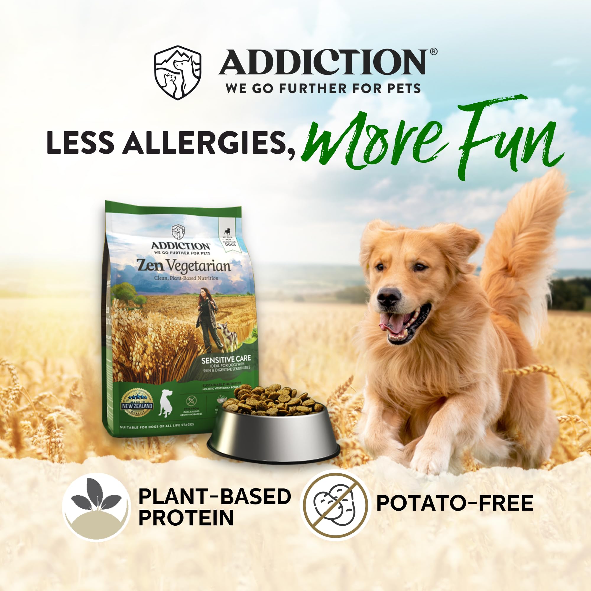 Addiction Vegetarian Dry Dog Food - Plant-Based Protein for Sensitive Skin - 4lb (Pack of 2) - Ideal for Dogs with Meat Allergies