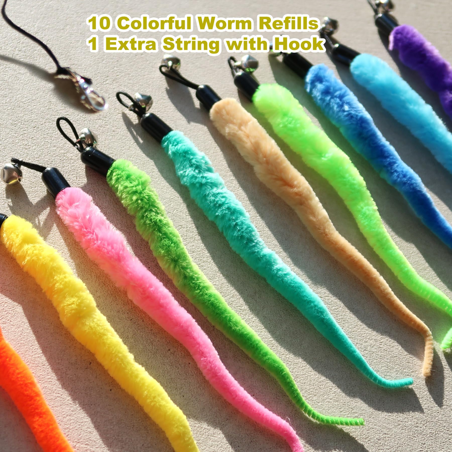 Meohui Cat Wand Toys Refills, Cat Feather Toys Accessories, 10Pcs Squiggly Worms Replacements And 1Pc Replacement String For Cat Fishing Pole, Assorted Teaser Refills With Bell For Indoor Cats Kitten