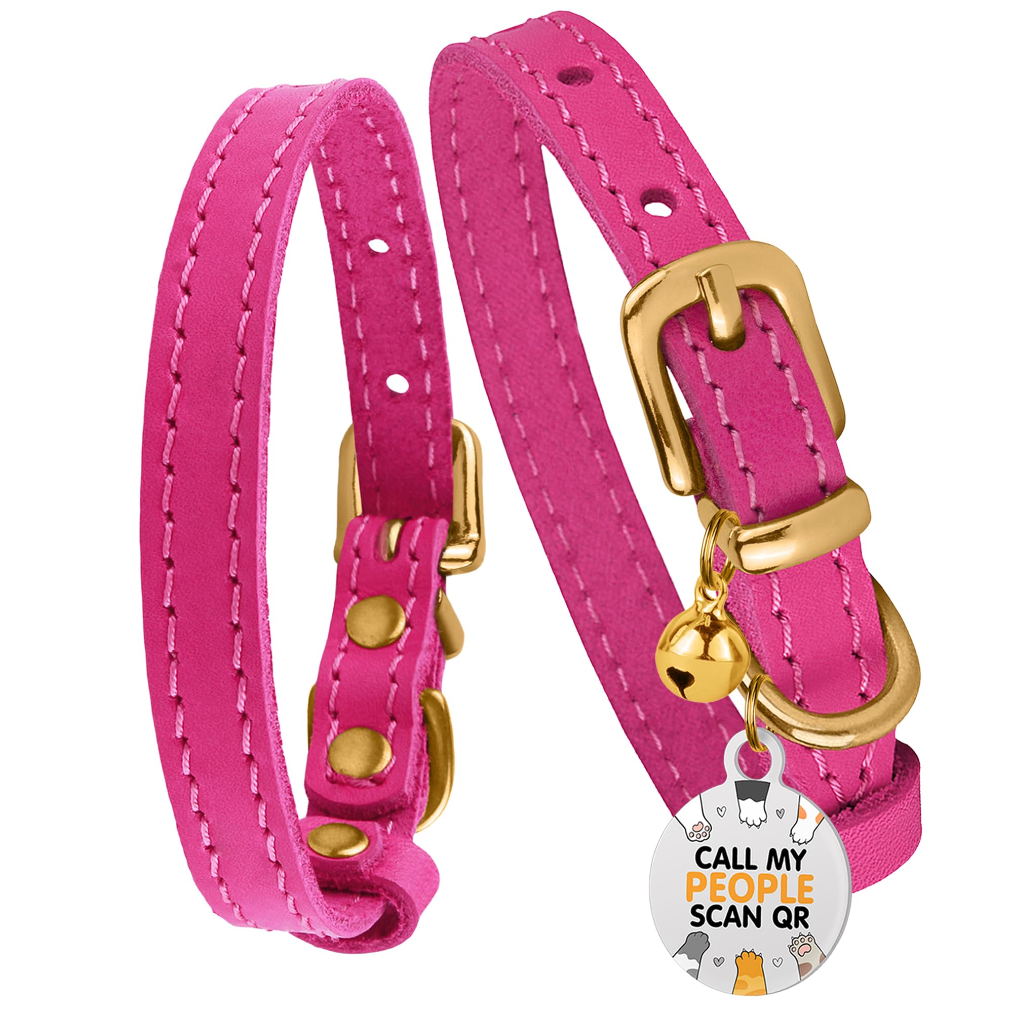 Bronzedog Leather Cat Collar With Bell Non Breakaway Kitten Qr Tag For Girl Boy (9' - 11' Cats/Mini Dogs, Pink & Gold)