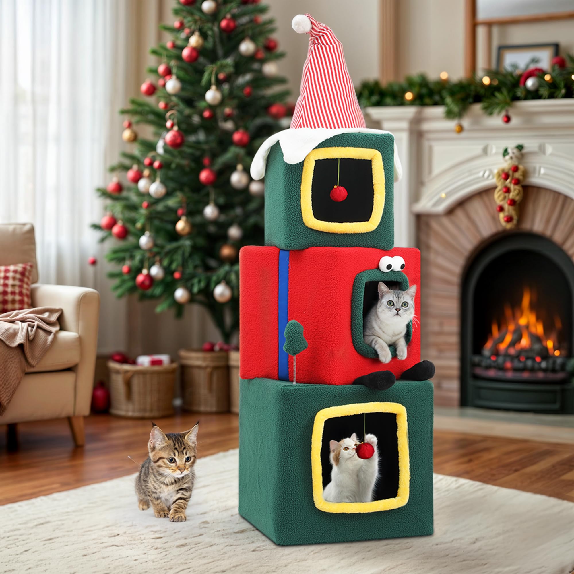 Yitahome Extra Large Cat House For Indoor Cats, 60'' Multi Level Cat Condo Furniture, 3 Story Playhouse With Hanging Ball, Green