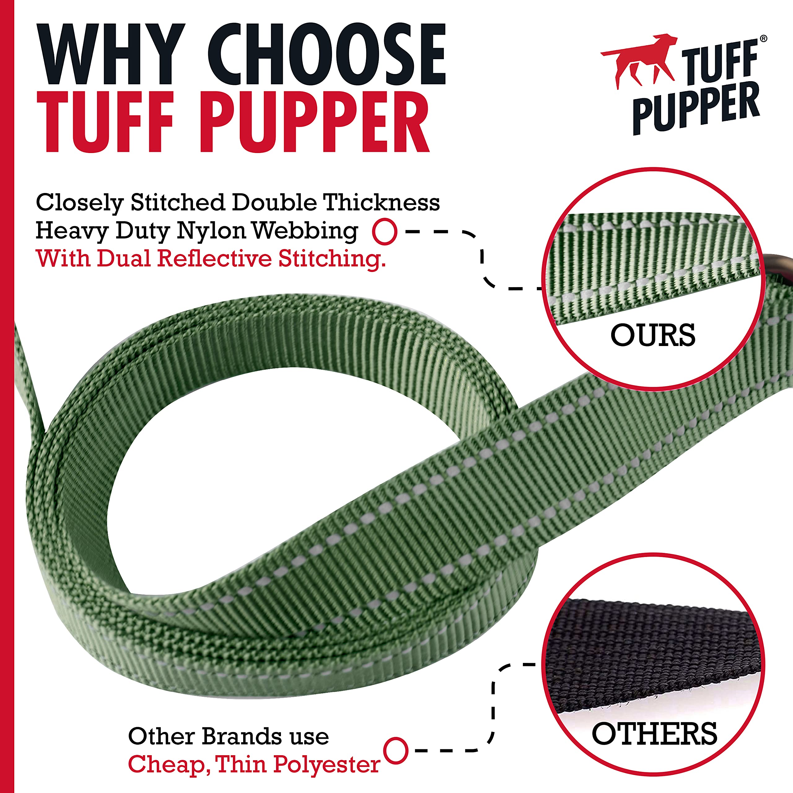 Tuff Pupper Heavy Duty Double Handle Leash With Twist Lock Carabiner Clip | Safety Lock For Strong Dogs | Reflective For Night W