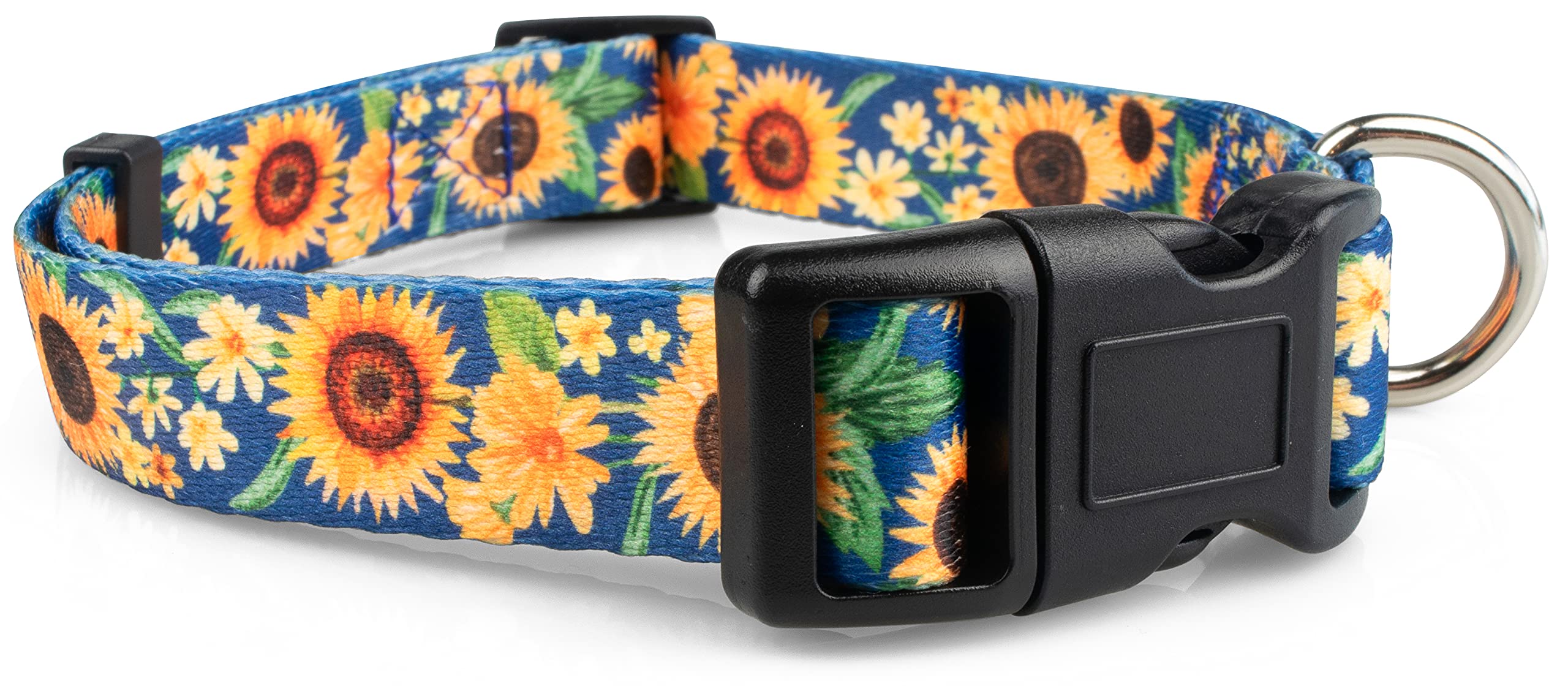 Limeloot Sunflower Dog Collar For Female Dogs - Cute Adjustable Girl Dog Collar For Small Medium Large Dogs, Blue And Yellow Lar