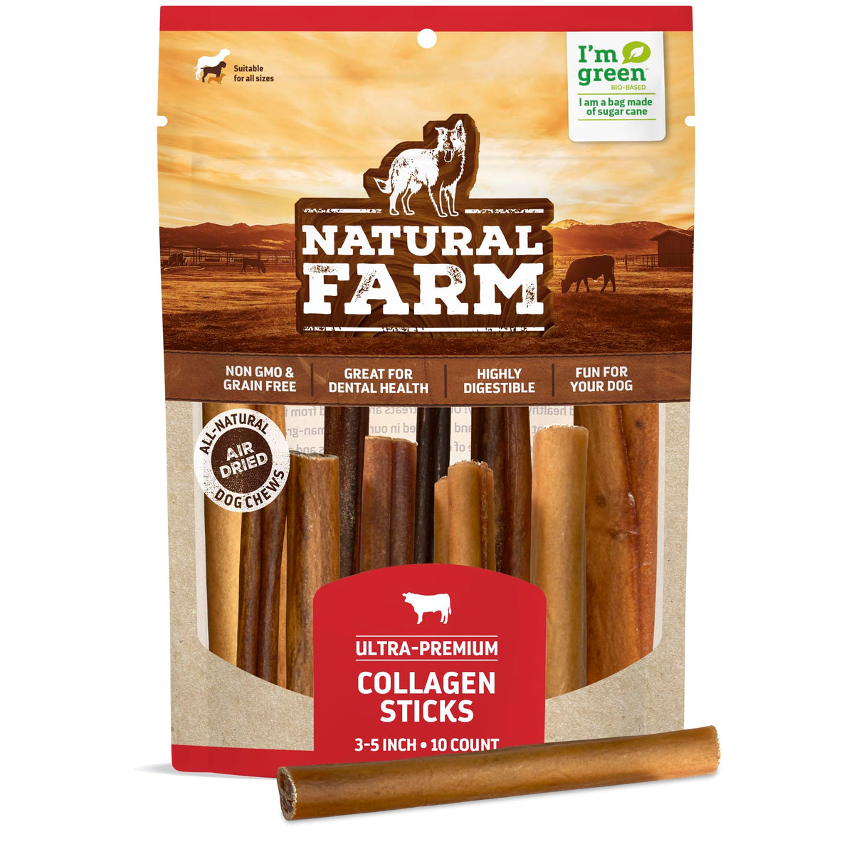 Natural Farm Collagen Dog Chews (3-5”, 10 Units), Odor-Free Long Lasting Bully Sticks & Rawhide Alternative Dog Treats, 95% Collagen Low Fat, High Protein Best Dental Dog Treats – Small & Medium Dogs