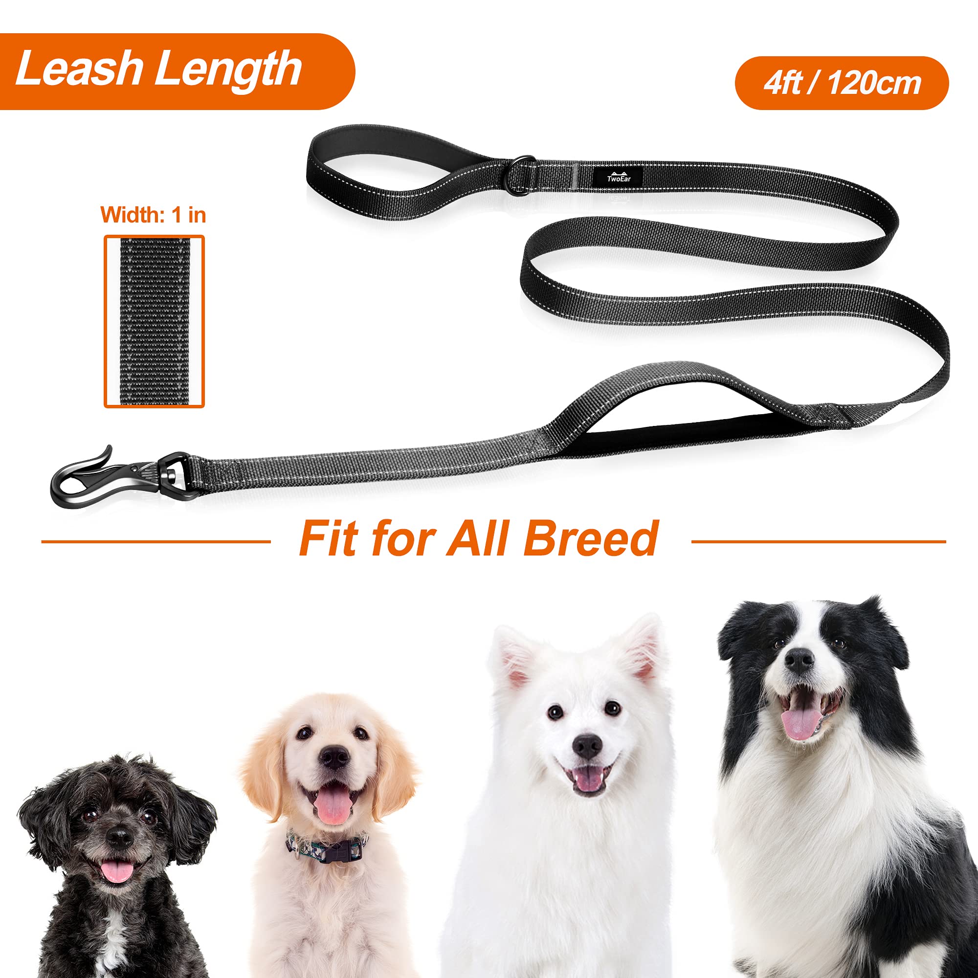 TwoEar Dog Leash - 4FT, 1IN, Black, Dual Padded Handles, Reflective, Auto Lock Hook for Small, Medium & Large Dogs