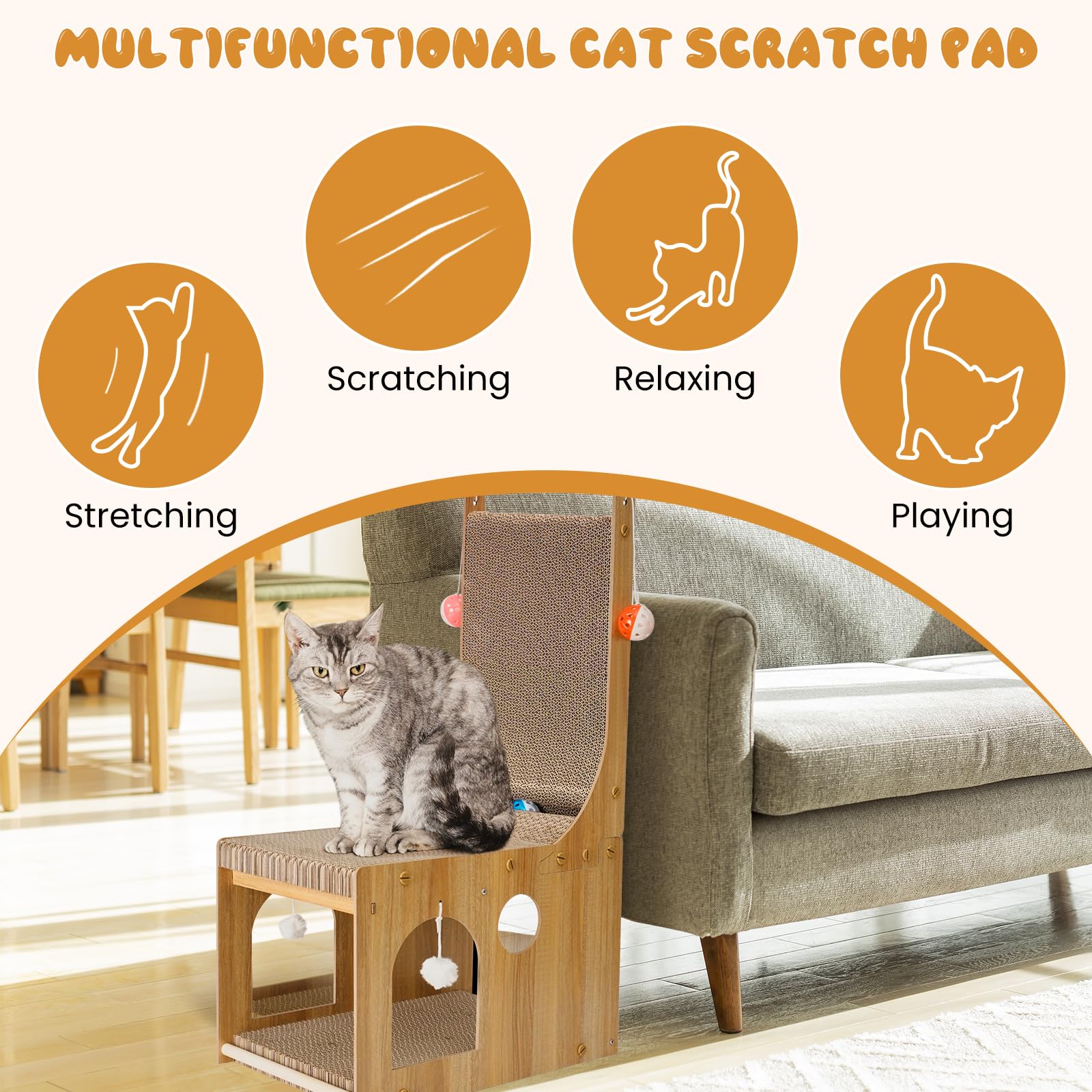 YEMOO Cat Scratcher - L Shaped Double Layer Cardboard Scratching Board with 5 Ball Toys, 25.6"x11.02"x16.54", Wood, Model YM-
