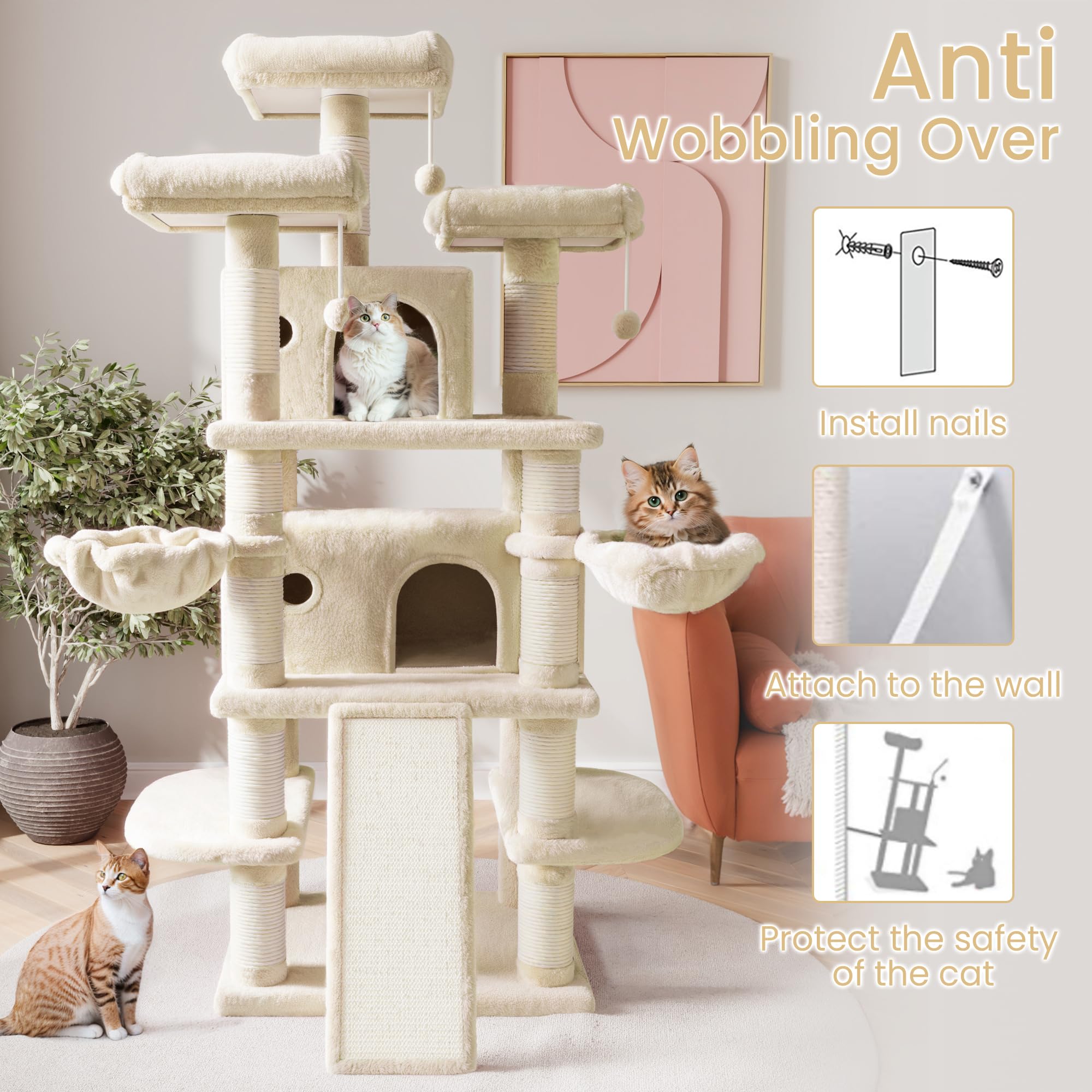 Sha Cerlin 68 Inches Multi-Level Large Cat Tree For Large Kitties/Big Cat Tower With Condo/Cozy Plush ‌Pussycat Perches/Sisal Scratching Posts And Hammocks/Activity Center/Beige