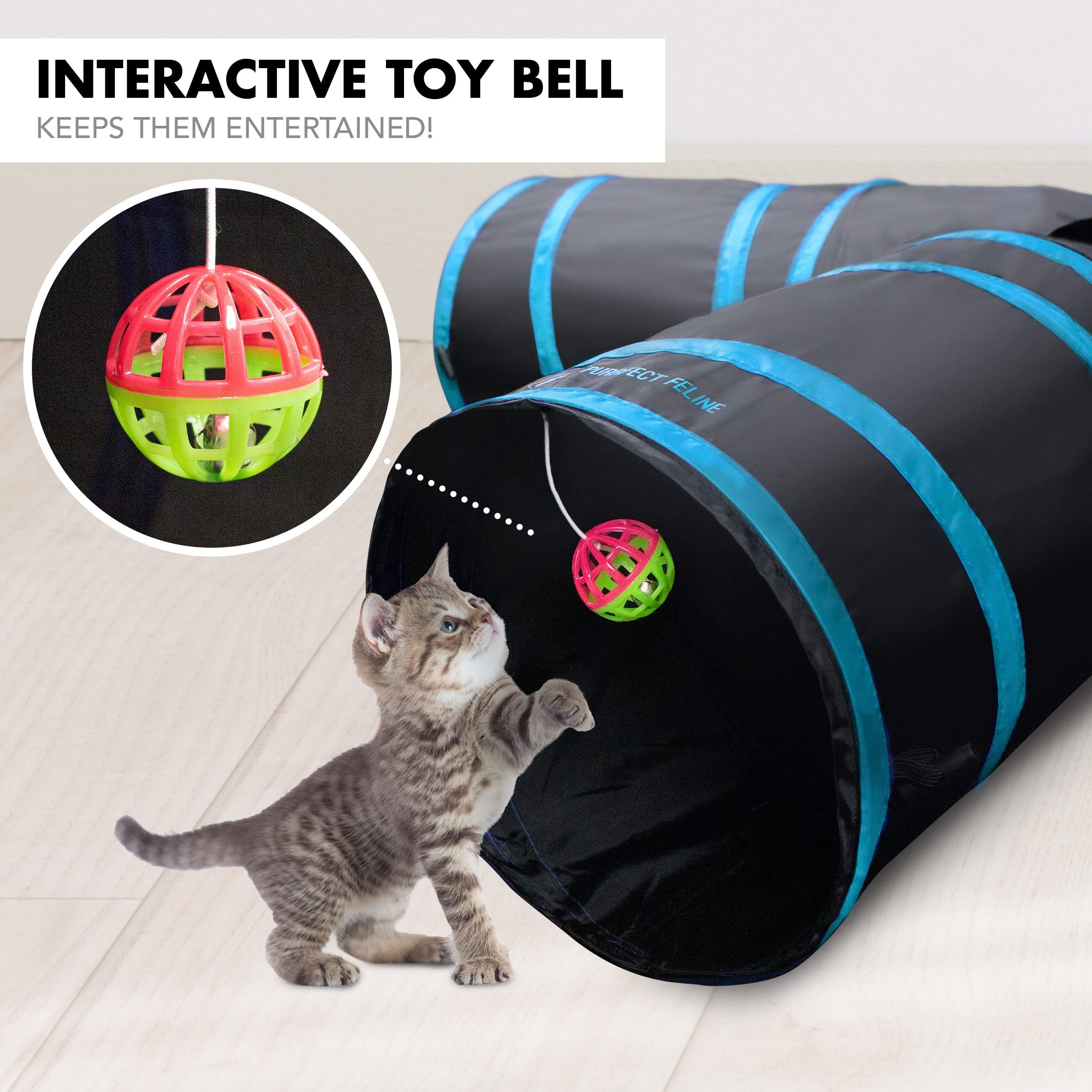 Purrfect Feline - 4 Way Cat Tunnel And Crinkle Cat Toy - Interactive Cat Toy With Cat Ball - Cat Supplies For Indoor Cats - Suitable For Ferrets, Rabbits Or Small Dogs - Light Blue - L