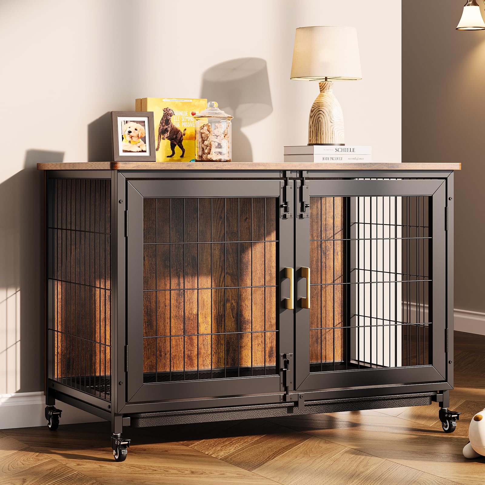 37.4 Inch Large Dog Crate Furniture, Heavy Duty Dog Kennel Furniture with Wheels, Grid Base, Removable Base, Decorative Dog Cage