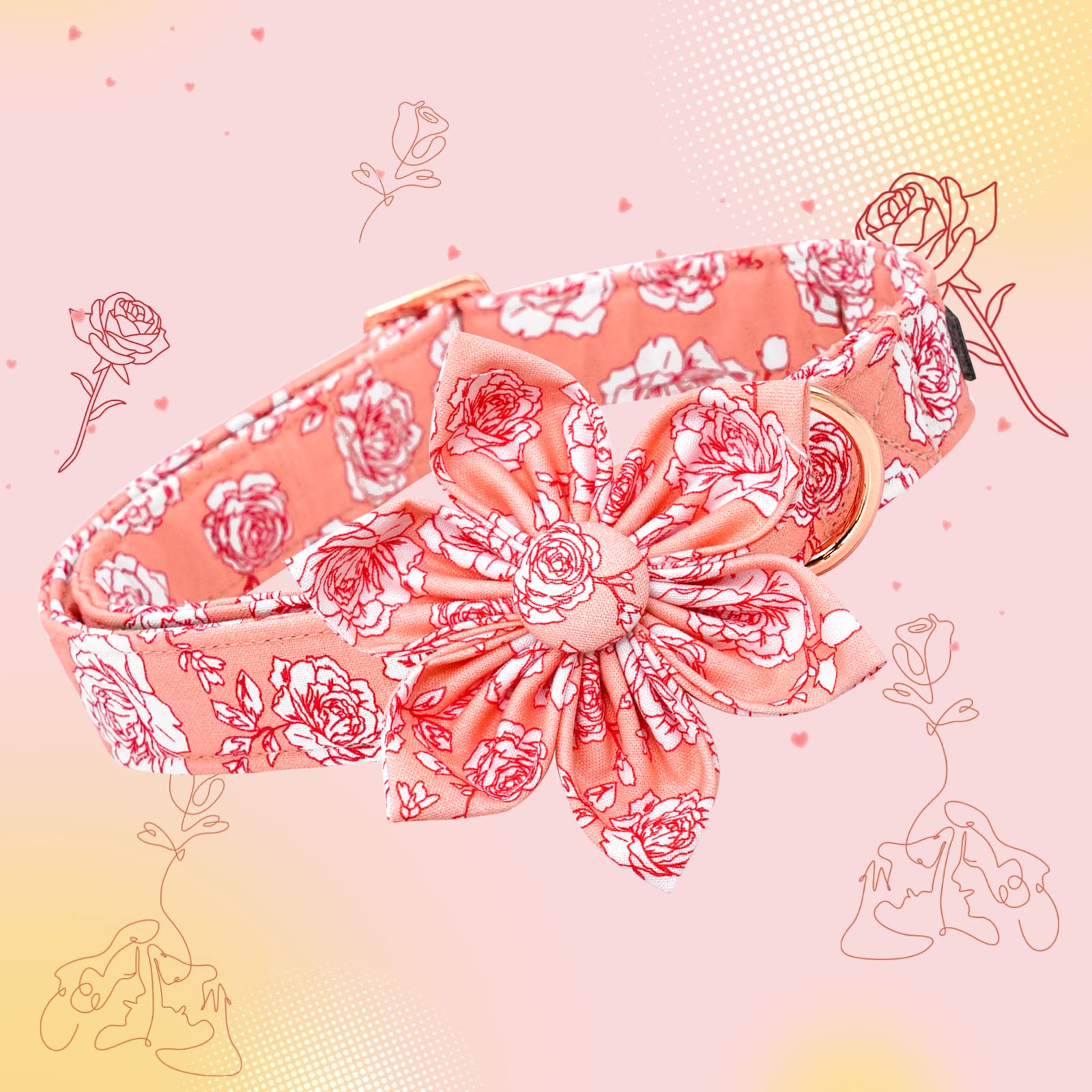 Lionheart Glory Valentine 's Day Dog Collar with Flower Pattern, Pink Collar with Bowtie for X-Large Dogs