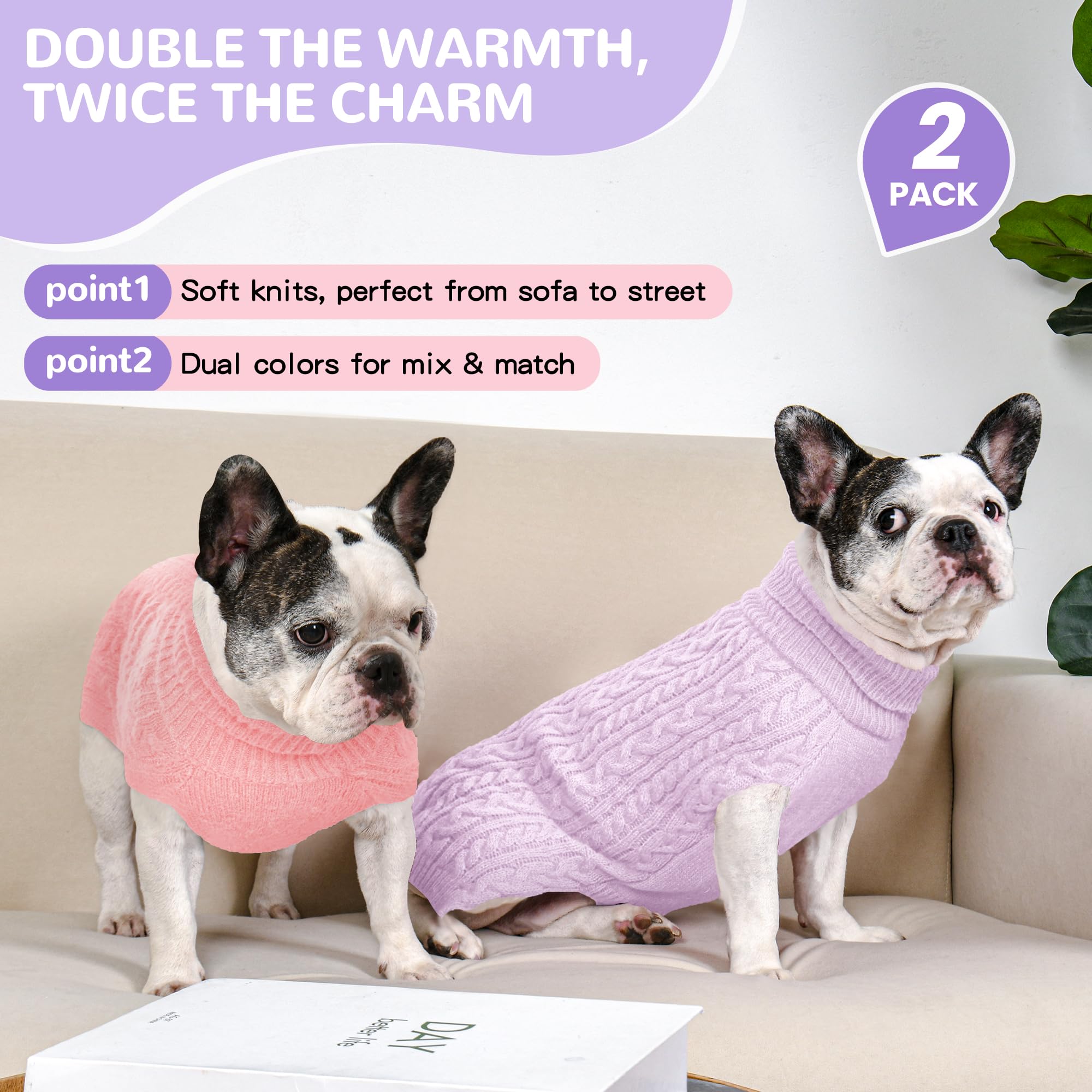 Lorehelina 2 Pack Dog Sweaters for Medium Dogs Winter Turtleneck Pullover Cable Knit Fleece Stretch Frenchie Dachshund Pug Corgi