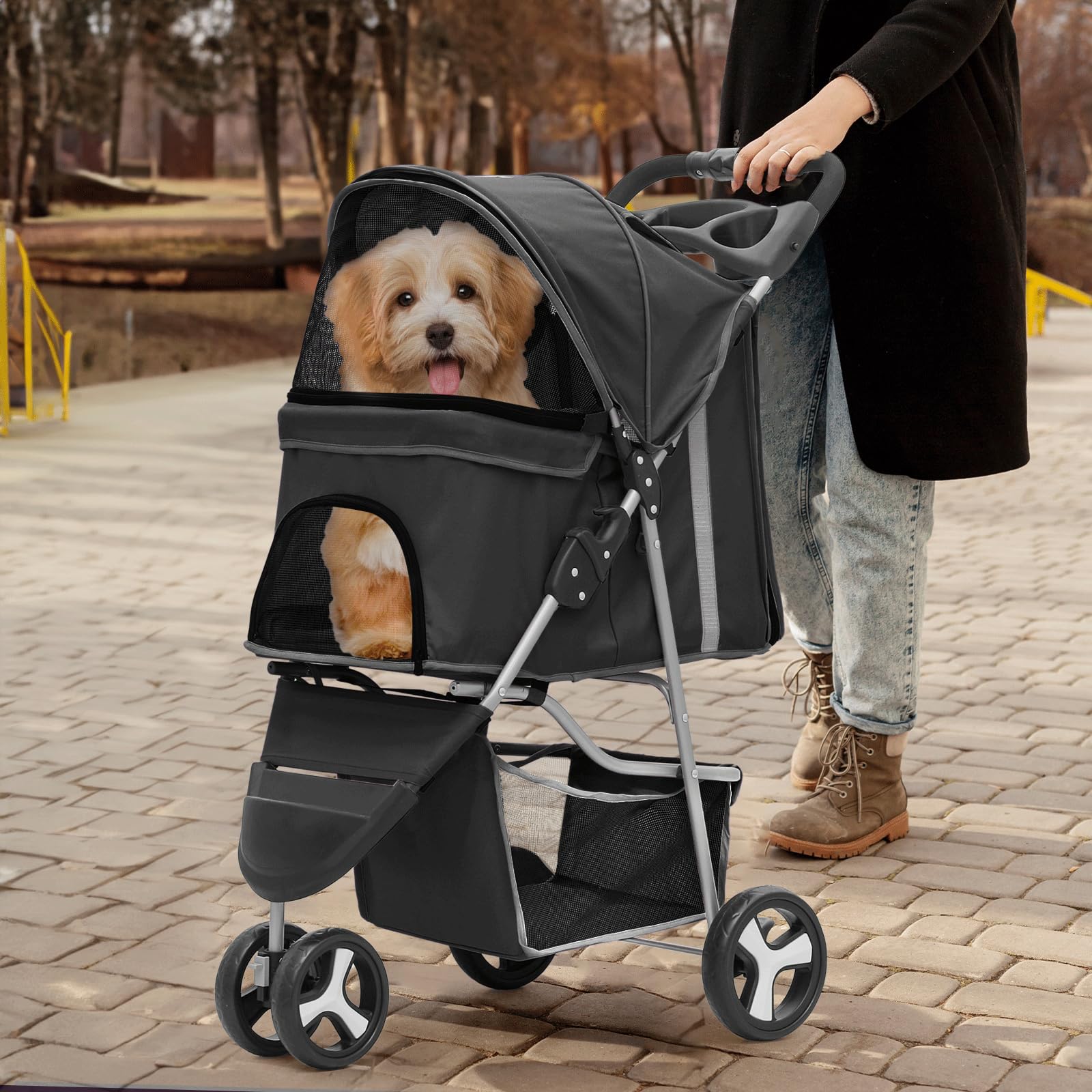Monibloom Foldable Pet Stroller With Weather Cover, 3 Wheels Pet Strolling Cart For Small/Medium Dogs And Cats With Storage Basket And Cup Holder, Breathable And Visible Mesh For All-Season, Black
