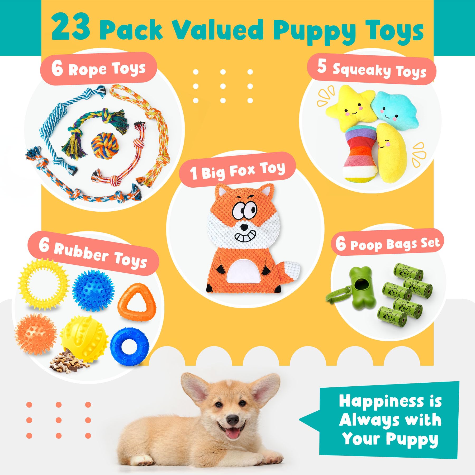 Zeaxuie 23 Pack Luxury Puppy Toys for Teething, Cute Small Dog Toys with Rubber Puppy Chew Toys, Treat Ball, Ropes and Plush Squ