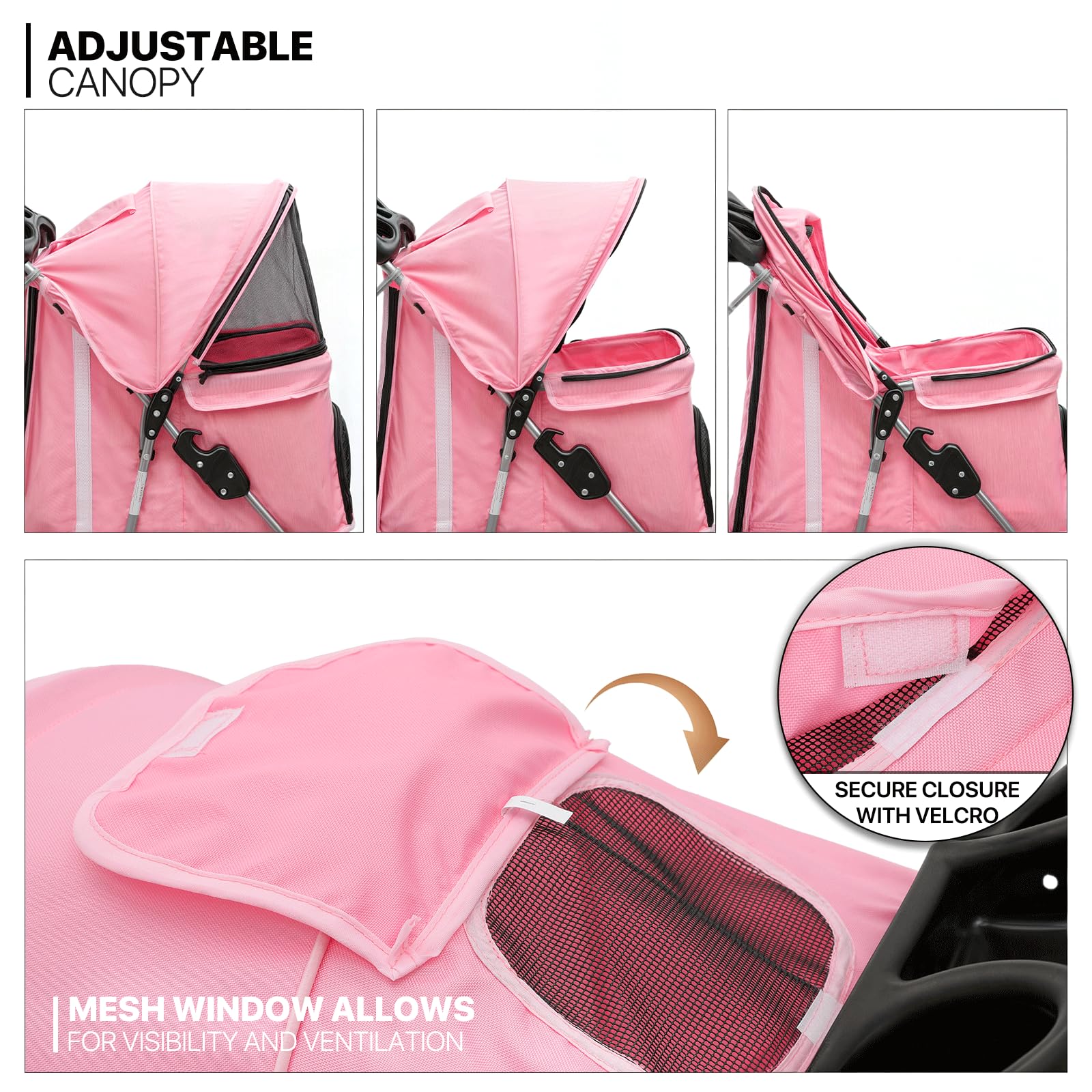 Monibloom 3-Wheels Foldable Pet Stroller With Waterproof Cover, Pet Strolling Cart For Small/Medium Dogs And Cats With Storage Basket And Cup Holder, Breathable And Visible Mesh For All-Season, Pink