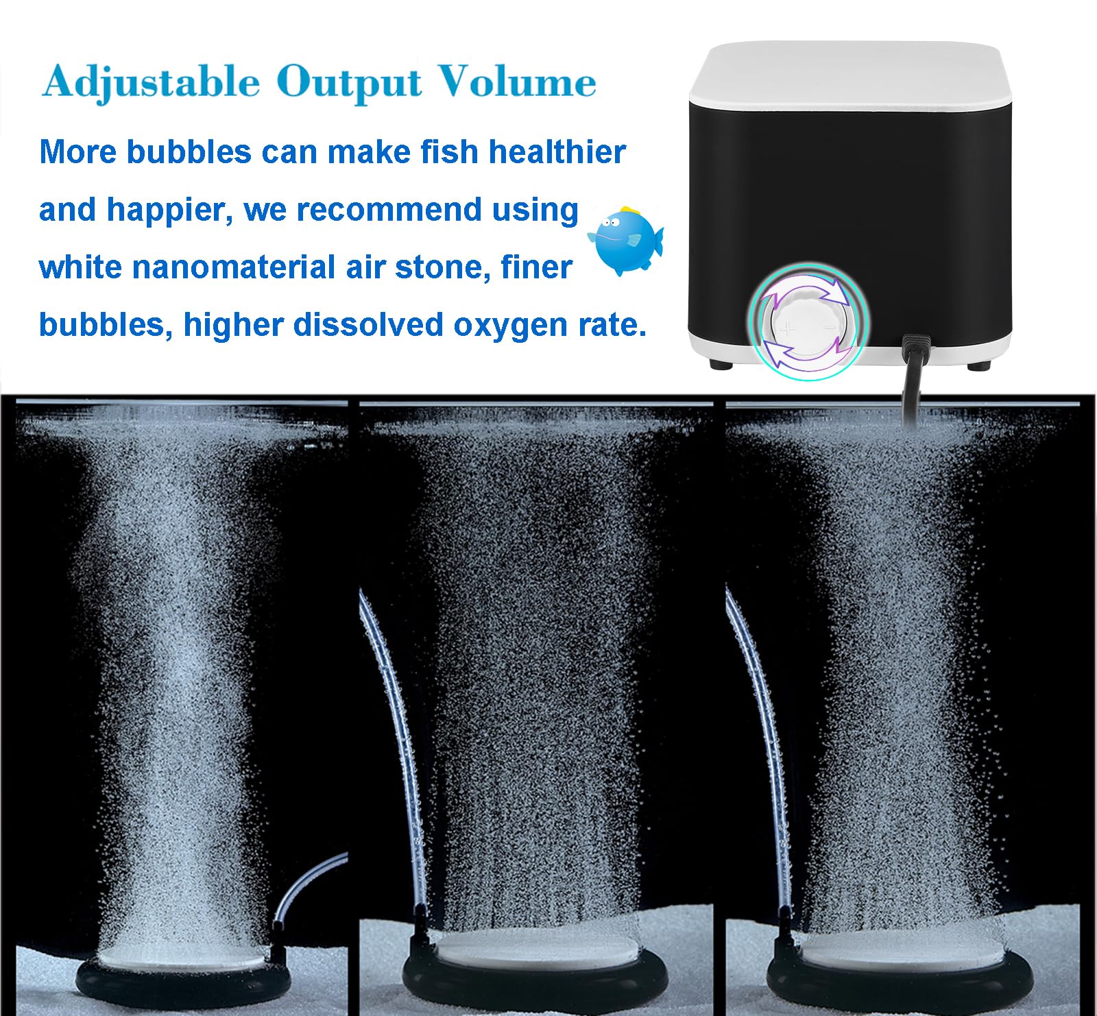 Carefree Fish 5/10W Aquarium 2 Air Outlets Quiet Air Pump Fish Tank Adjustable Oxygen Pump Powerful Aerator Pump with Tube and A