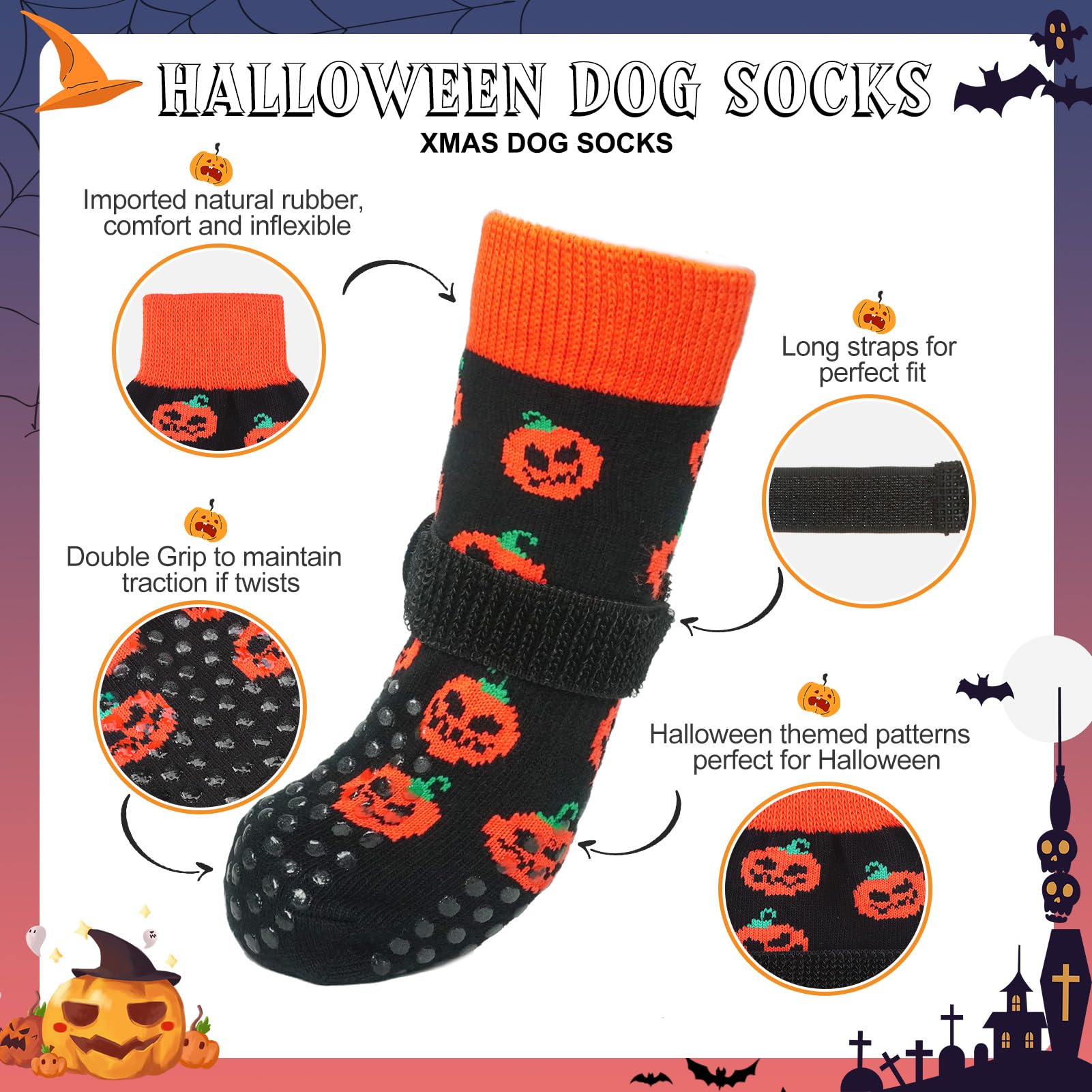 Beautyzoo Non Slip Dog Socks For Small Medium Large Dogs, Grip Dog Paw Protector For Hard Wood Floor Senior Old Dogs,Injury Protection To Prevent Licking 2 Pairs Socks For Hot/Cold Pavement, Halloween