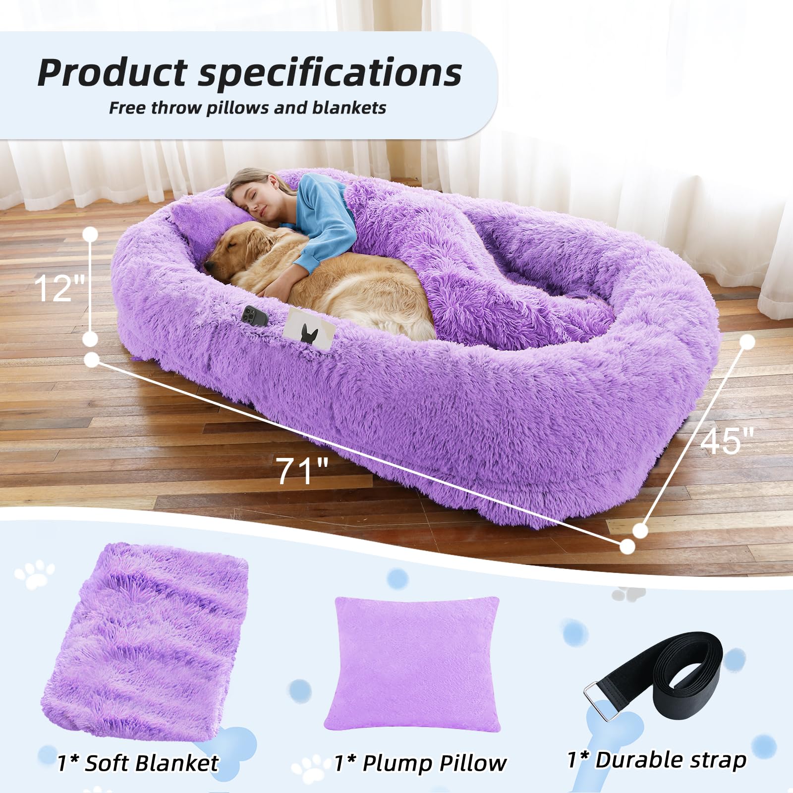 Human Dog Bed, 71''X45''X12'' Size Fits You And Pets, Washable Faux Fur Dog Bed For People Doze Off, Napping Orthopedic Dog Bed,