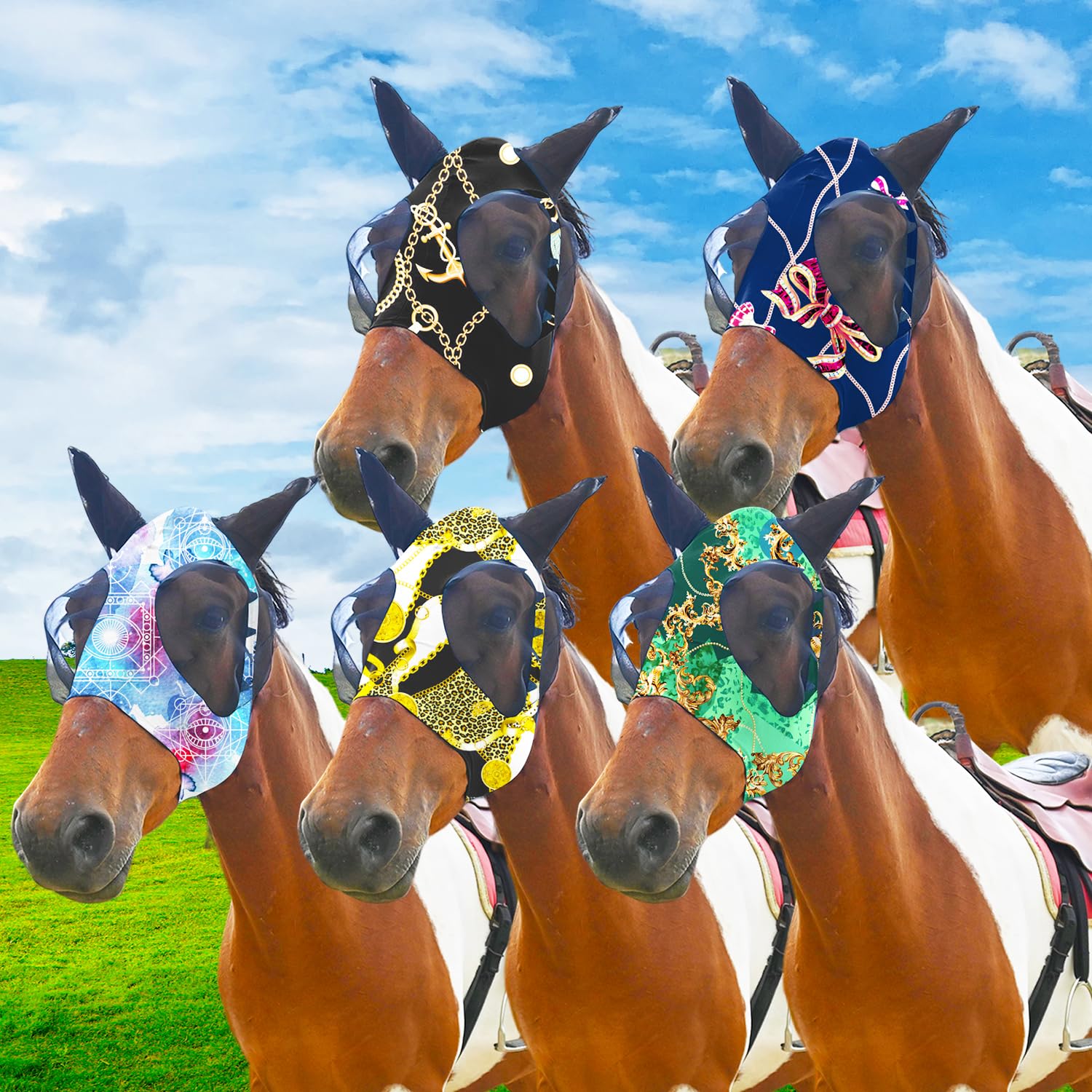 Super Comfort Fly Marsks for Horses of 5pcs Set-Horse FlyMask with Ears- Elasticity Fly Mask with UV Protection(Size:L
