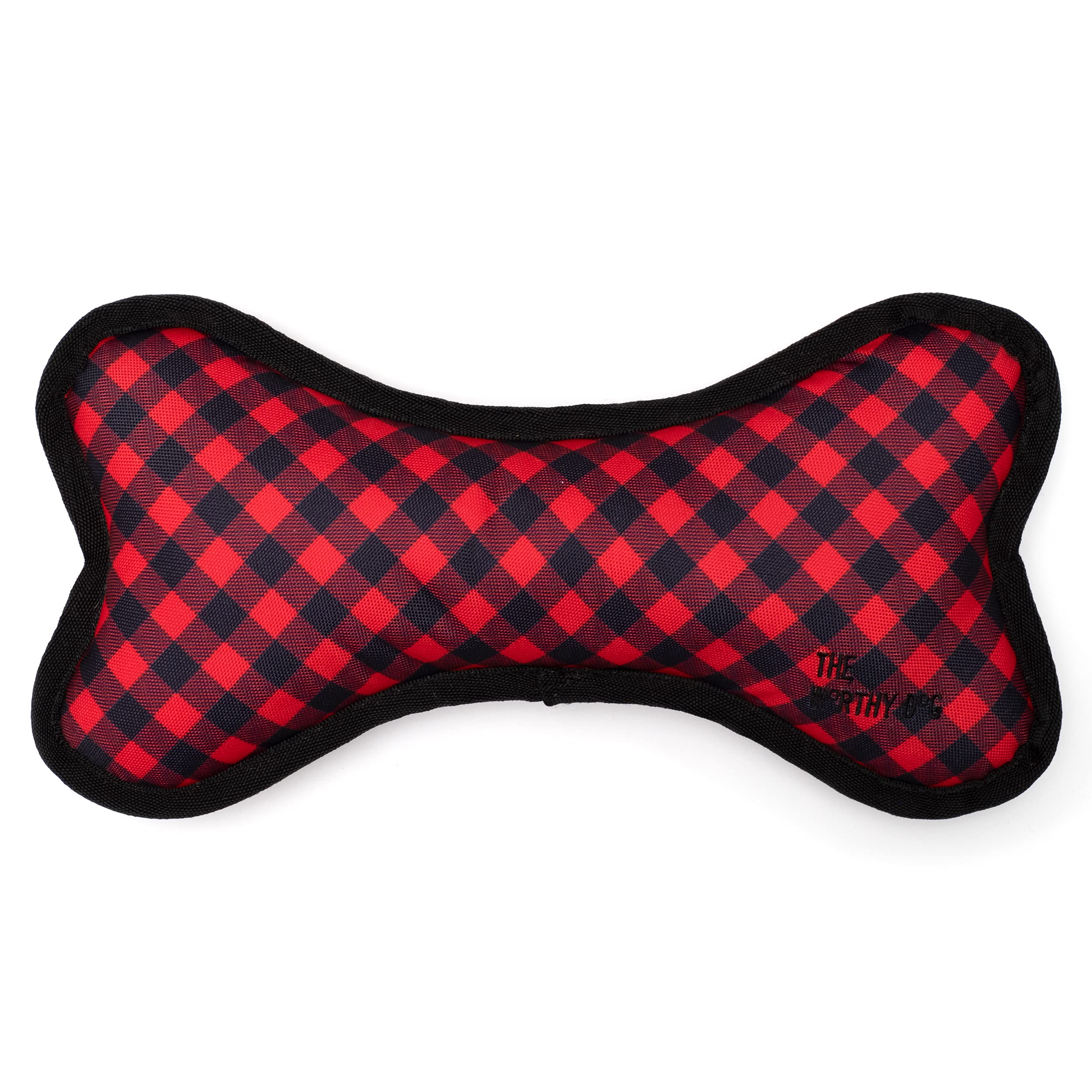 The Worthy Dog Bias Buffalo Check Bone Shaped Chew Toy Red/Black, Fun Fetch Play With Squeaker For Dogs Durable Material For Aggressive Chewers -Small