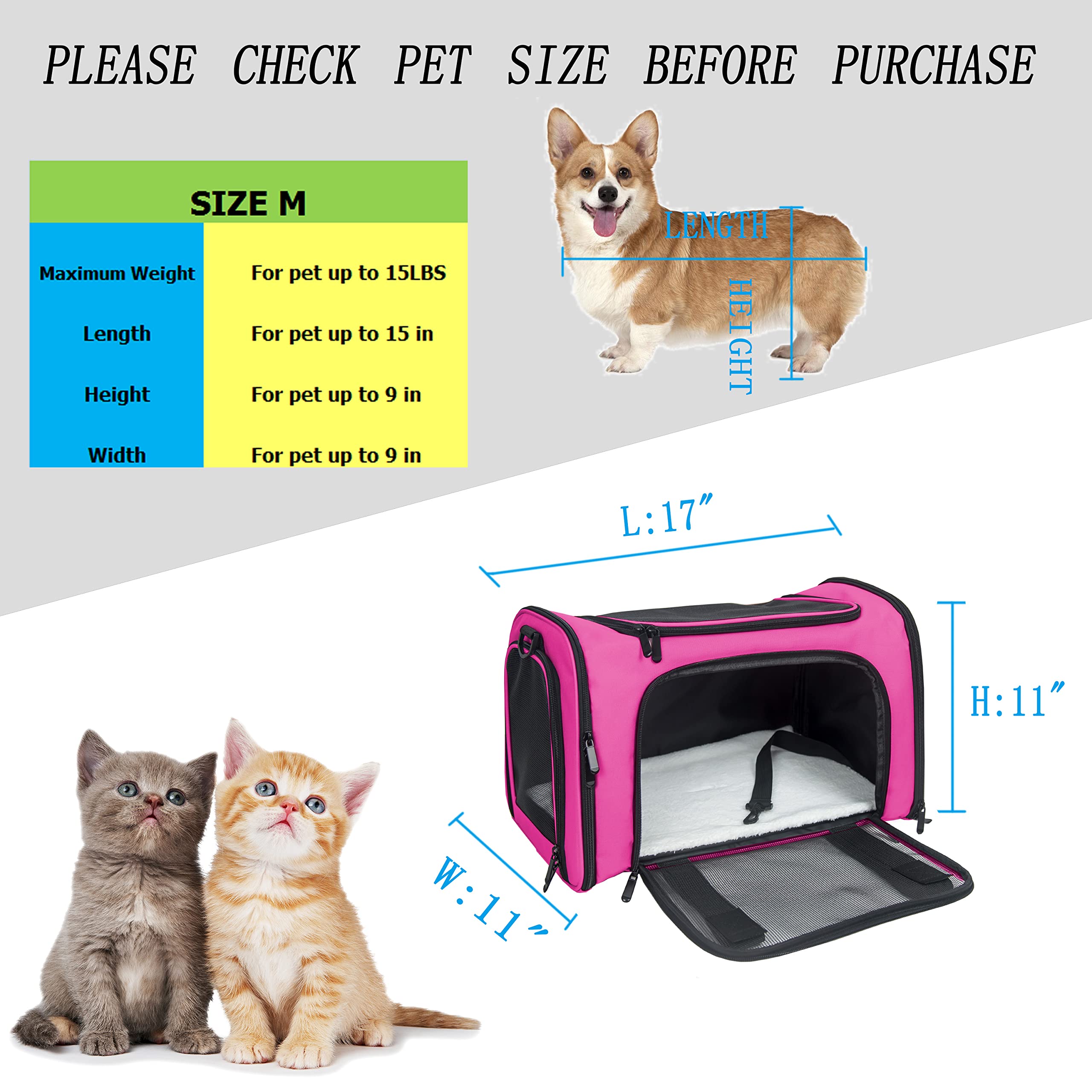 Nextfri Soft Sided Carrier For Small Medium Cats Dogs,Tsa Airline Approved Collapsible Travel Pet Carrier (Medium, Magenta)