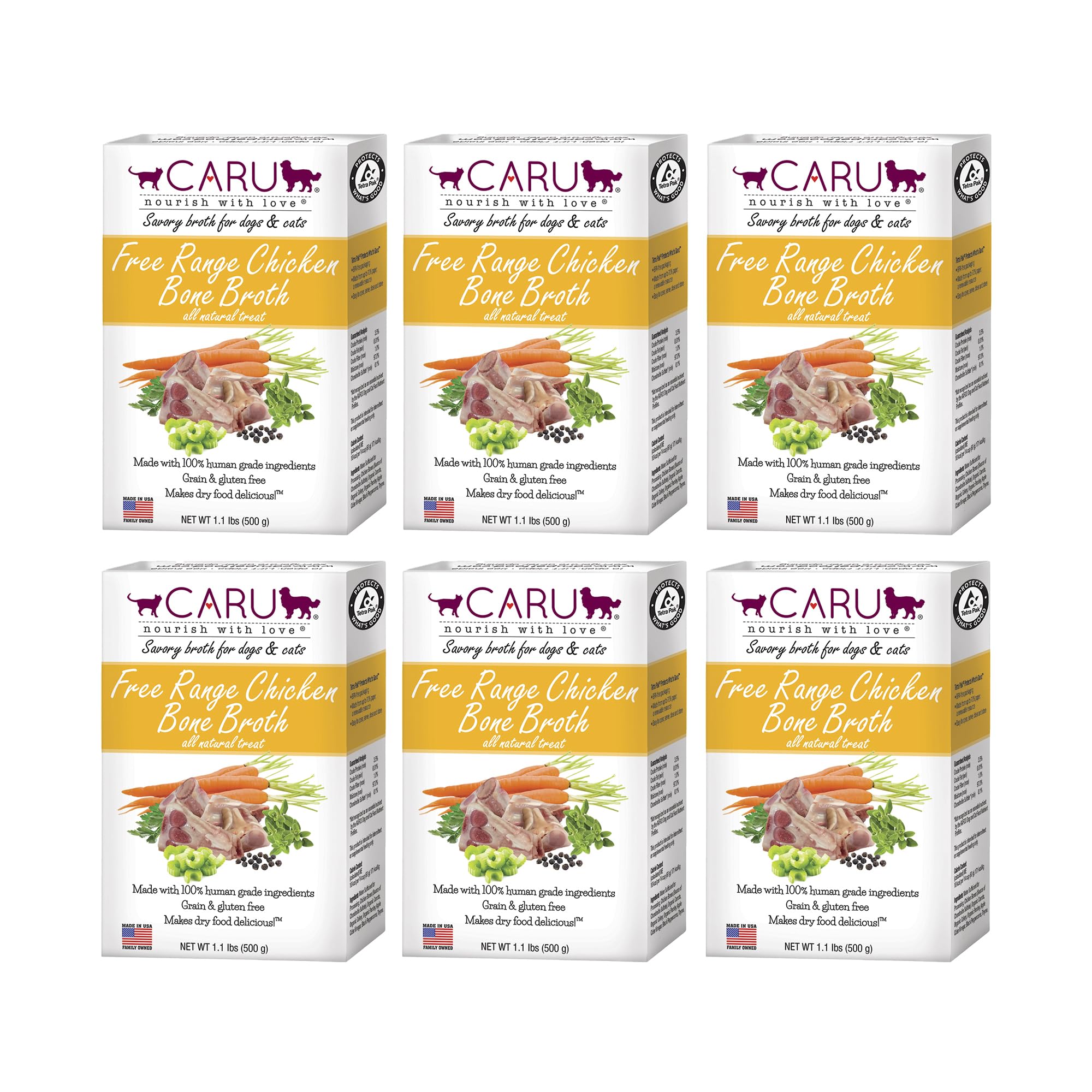 Caru Classics Free Range Chicken Bone Broth for Dogs & Cats - 1.1 Lbs Each - 6 Pack